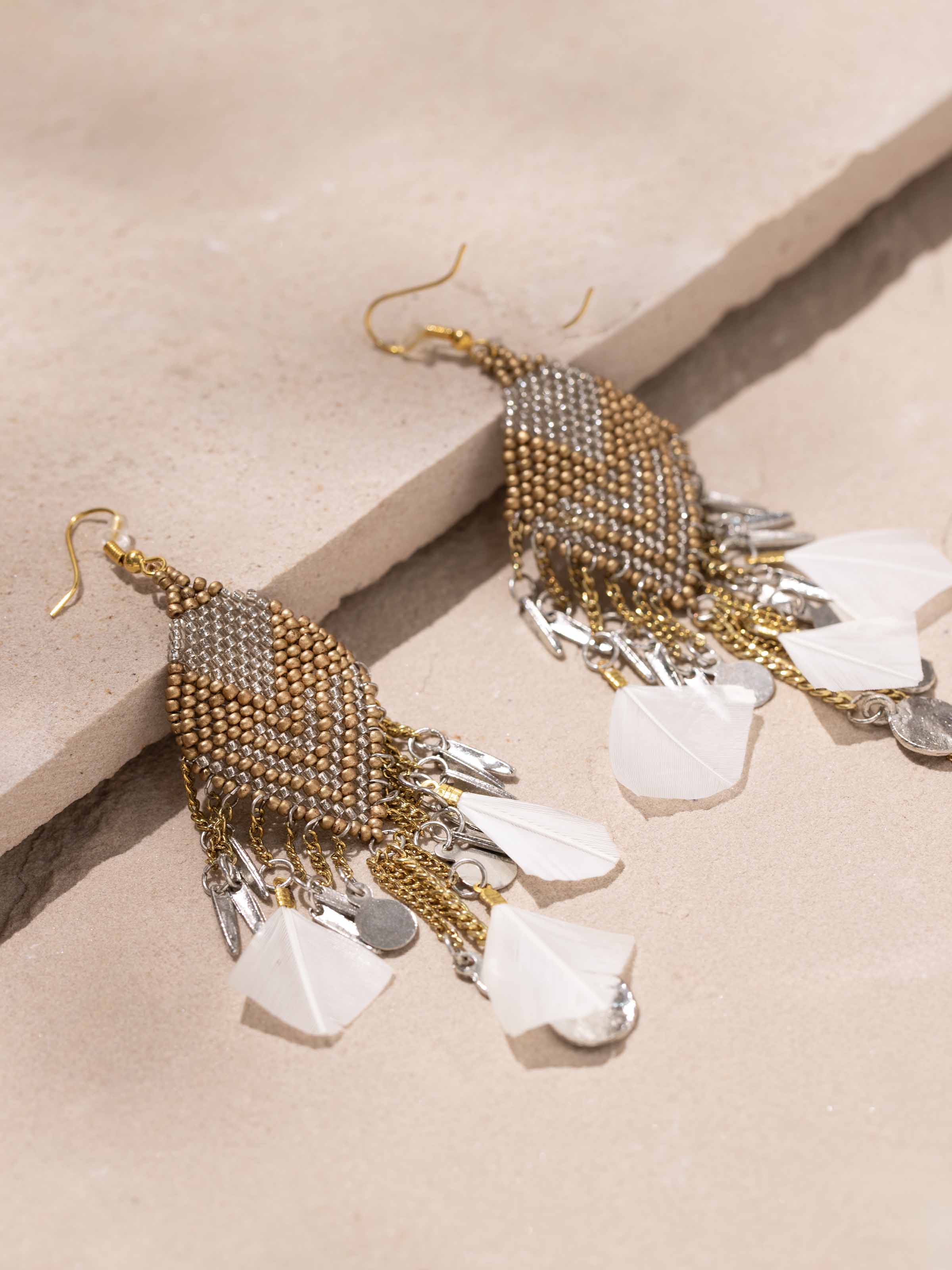 Detailed view of Handcrafted Drop Earrings from a distance to showcase the full design.