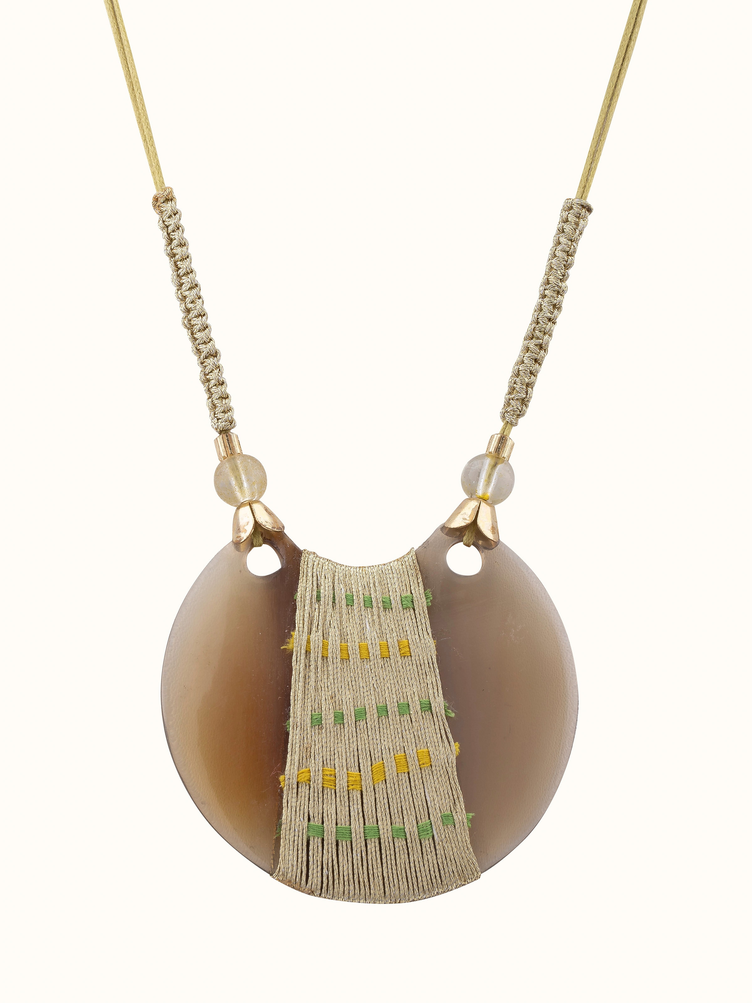 Front view of handcrafted long necklace with detailed beadwork and elegant design