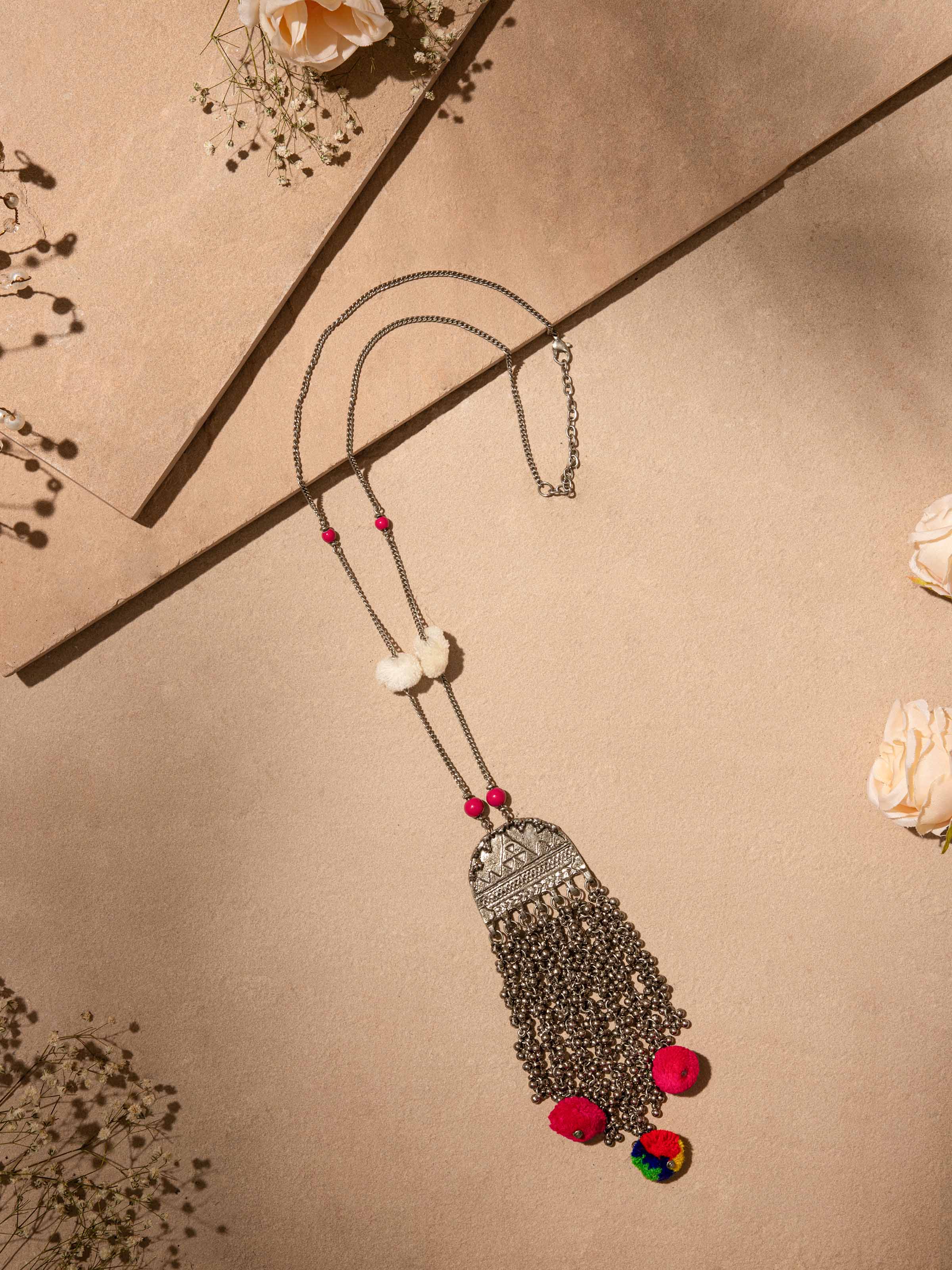 Side view of Handcrafted Long Necklace emphasizing its unique design and layered beads.