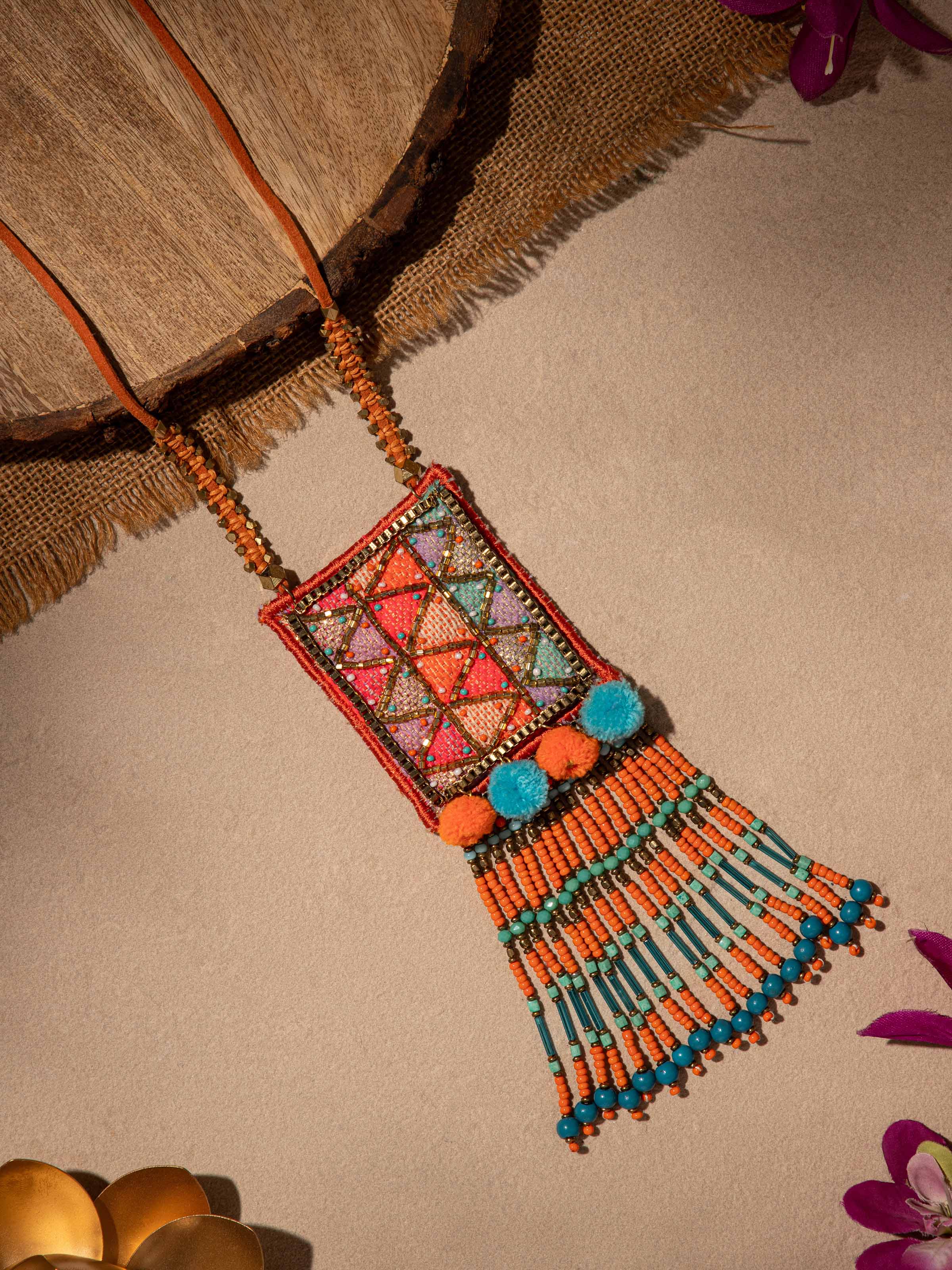 Close-up view of Handcrafted Long Necklace emphasizing fine details and artistic design.