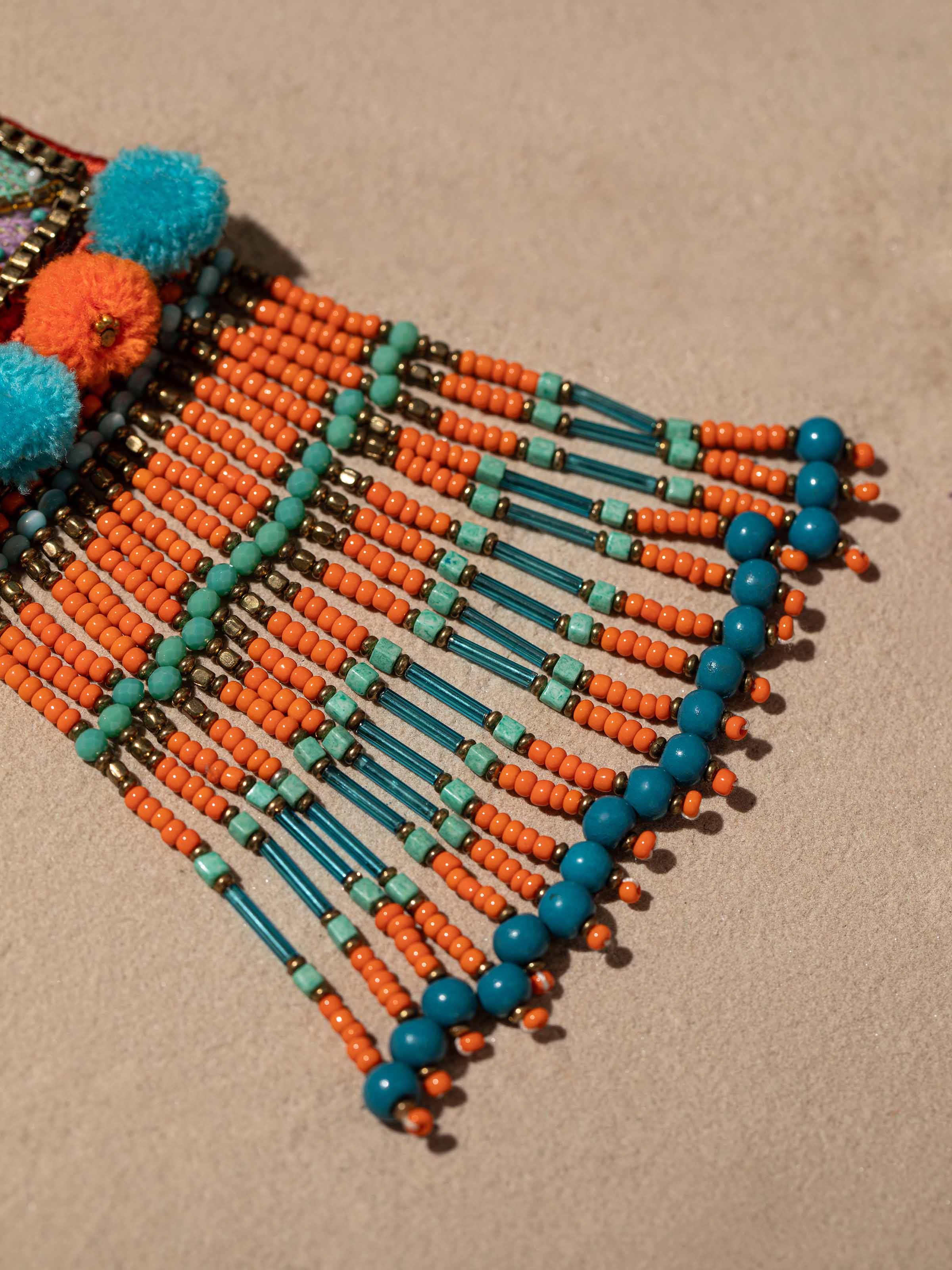 Detailed view of Handcrafted Long Necklace from a distance, highlighting the complete design and fine details.