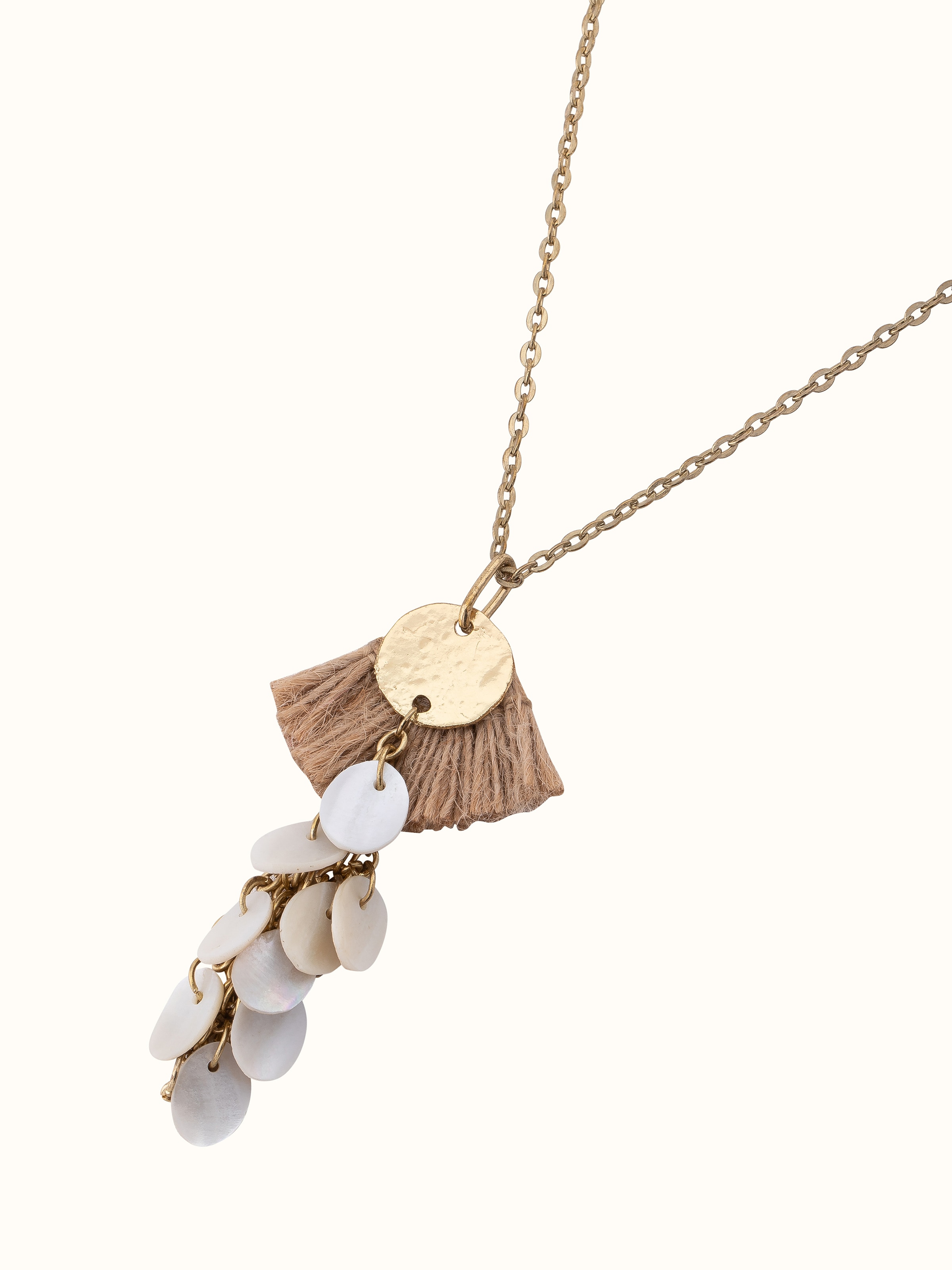 Overhead view of handcrafted long necklace displaying its full length and design elements.