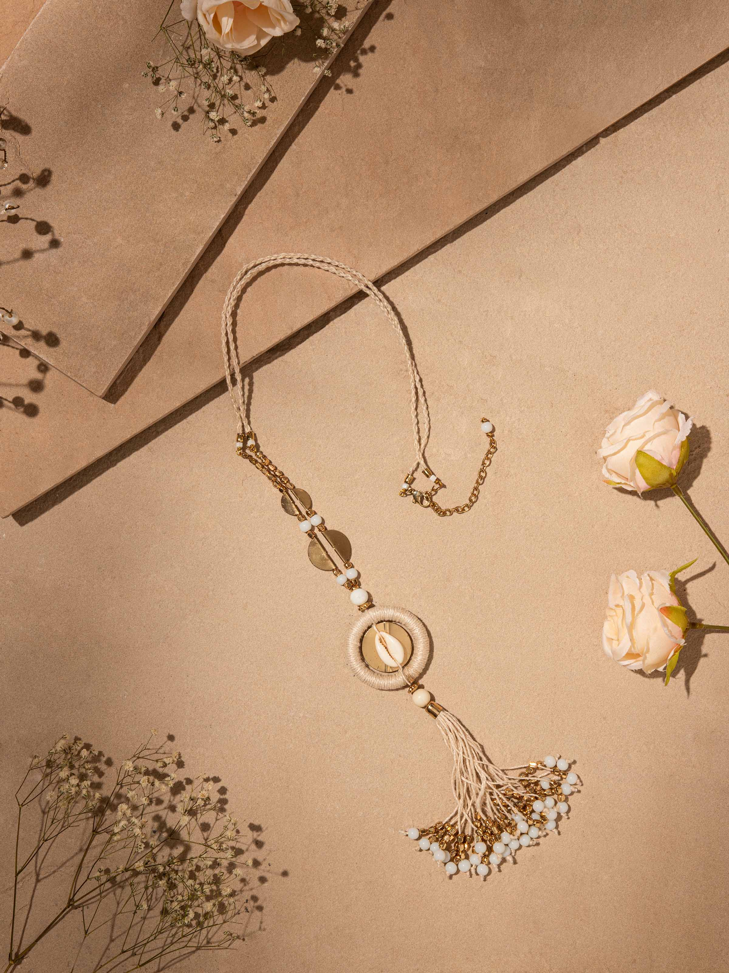 Close-up of Handcrafted Long Necklace highlighting the detailed beadwork and unique craftsmanship.