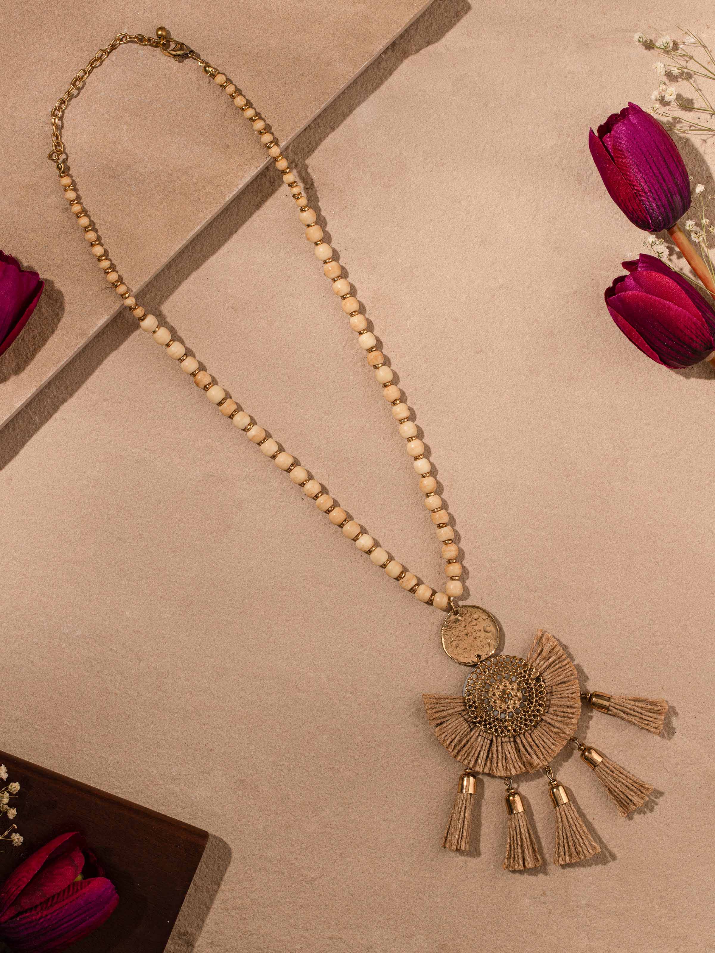 Close-up view of Handcrafted Long Necklace highlighting detailed metalwork and design.