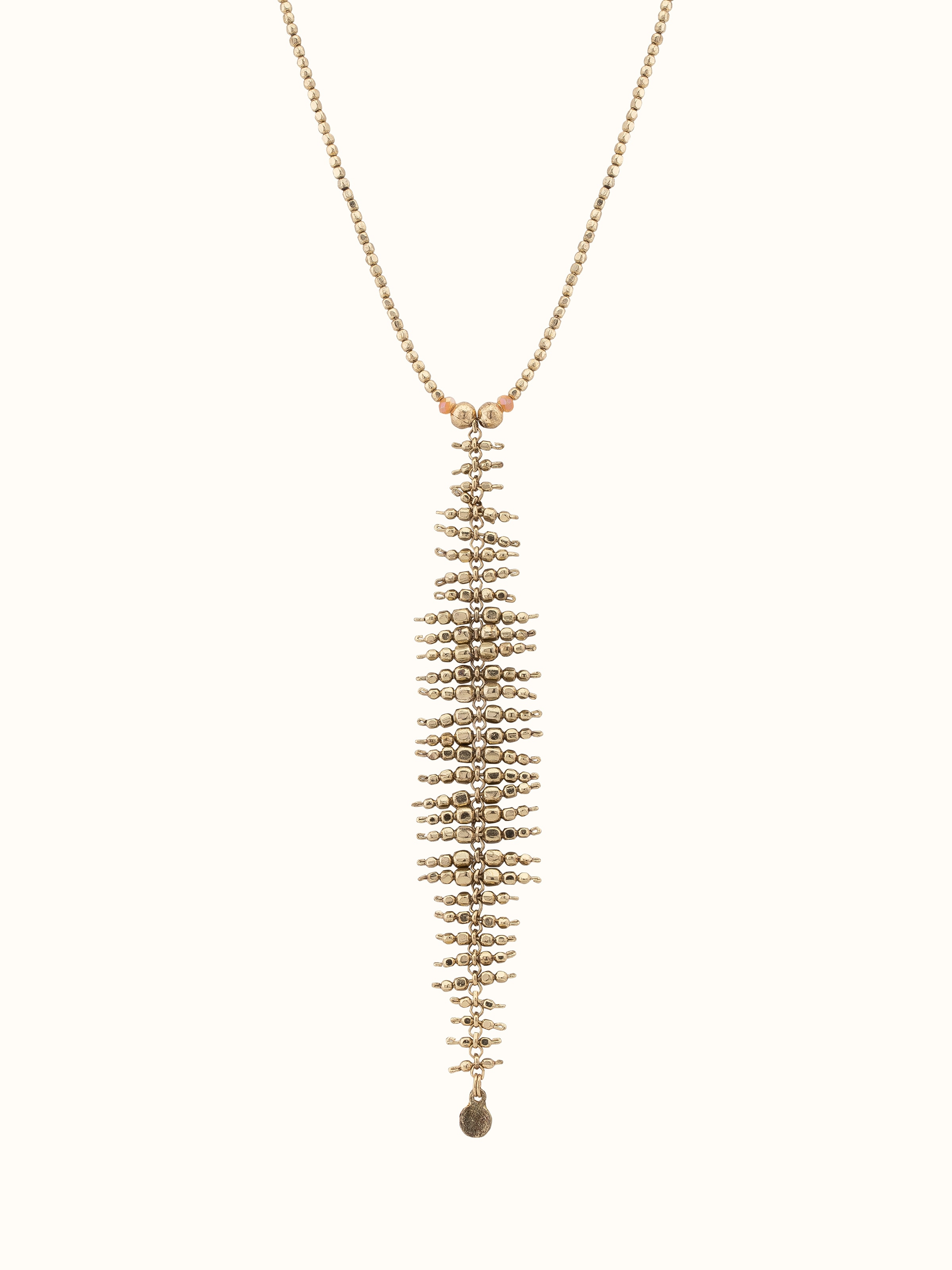 Front view of handcrafted long necklace with elaborate design and artistic detailing