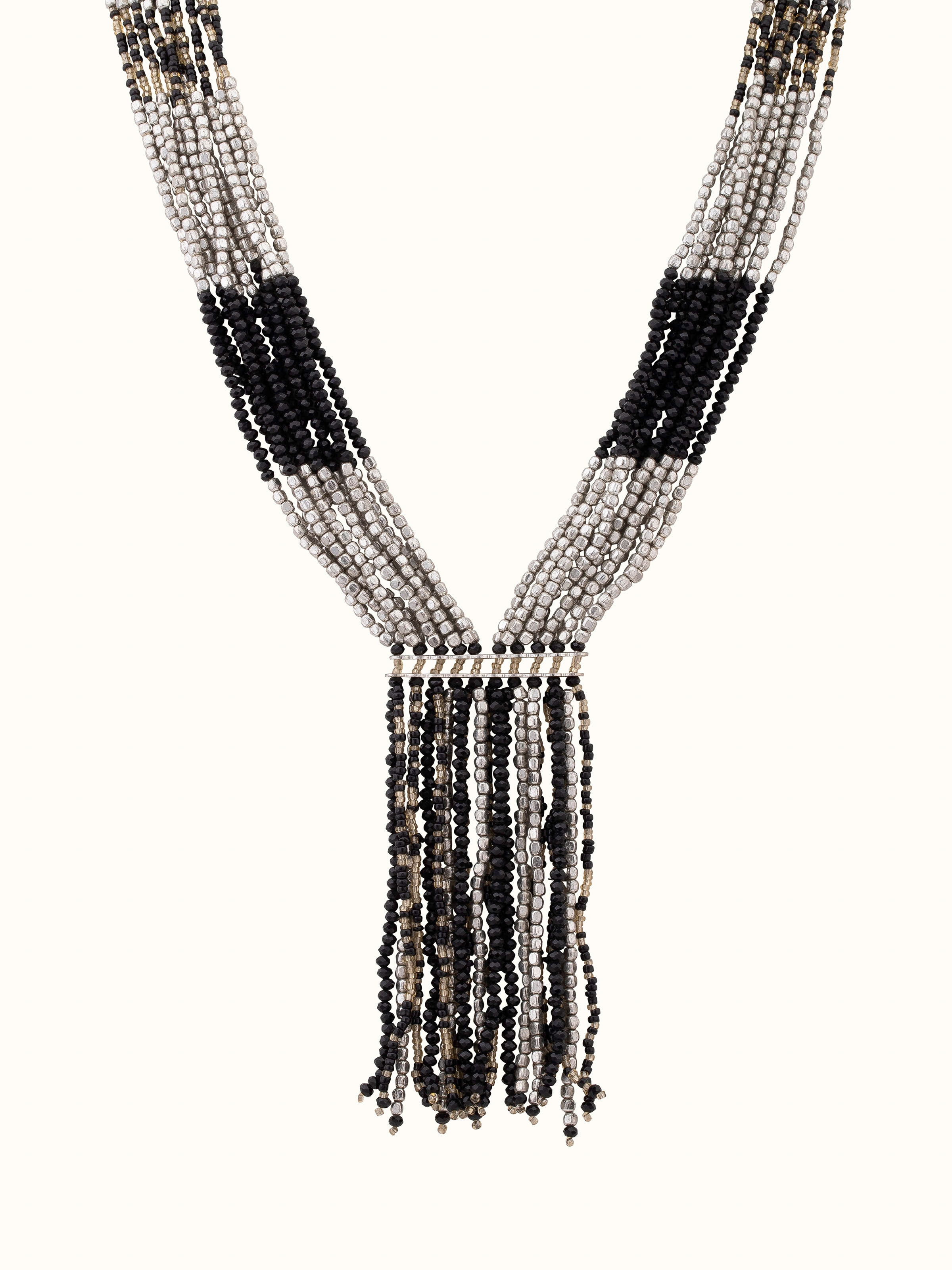 Front view of Handcrafted long necklace featuring detailed artisanal design and craftsmanship
