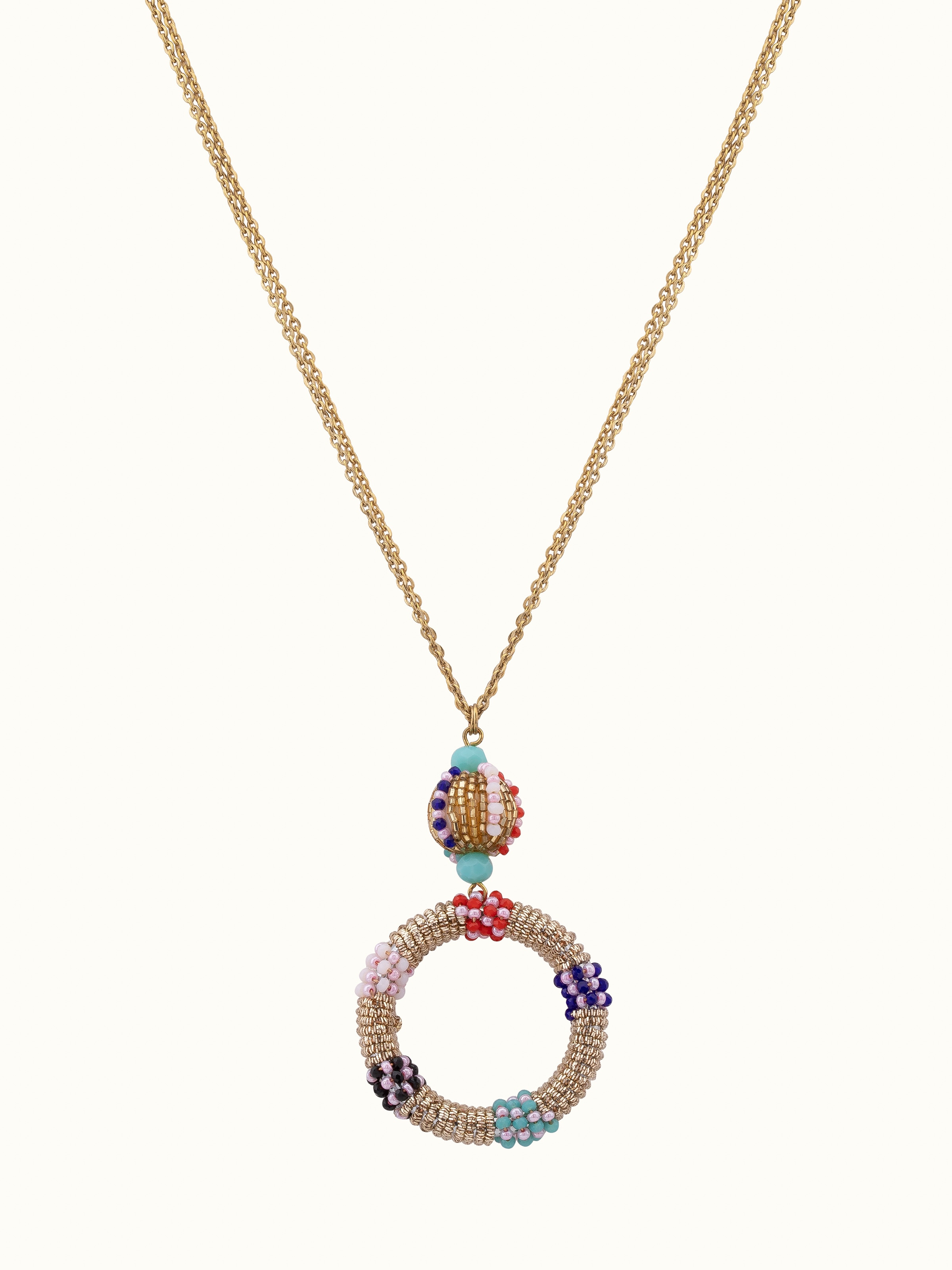 Front view of handcrafted long necklace showcasing intricate beadwork and elegant design