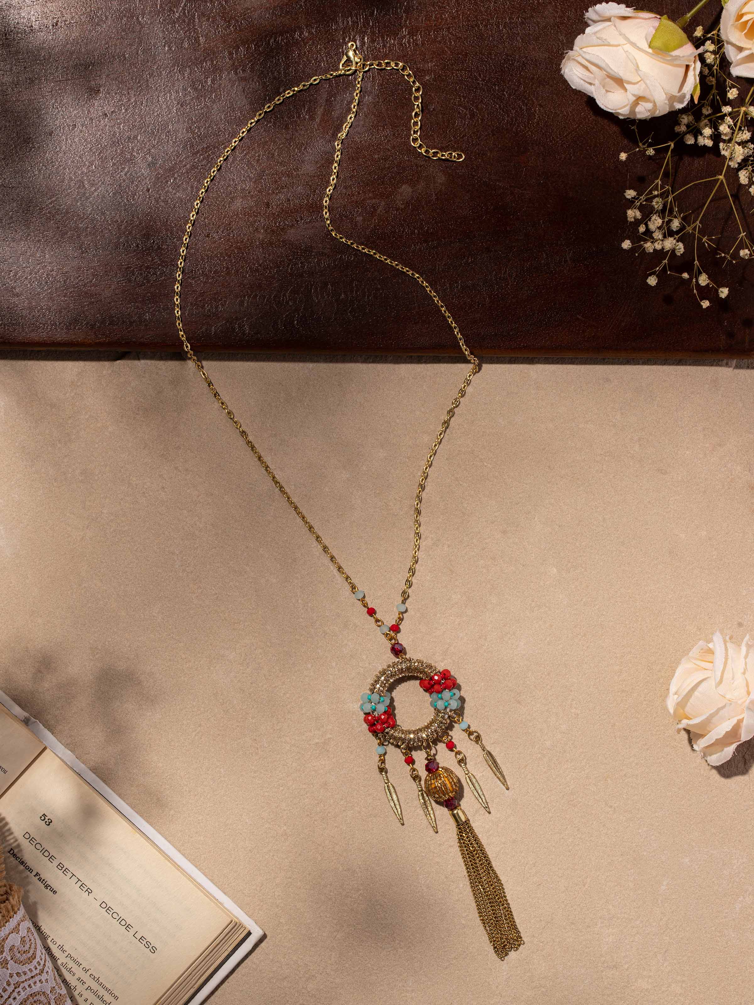 Side view of Handcrafted Long Necklace showing the length and elegant design elements.