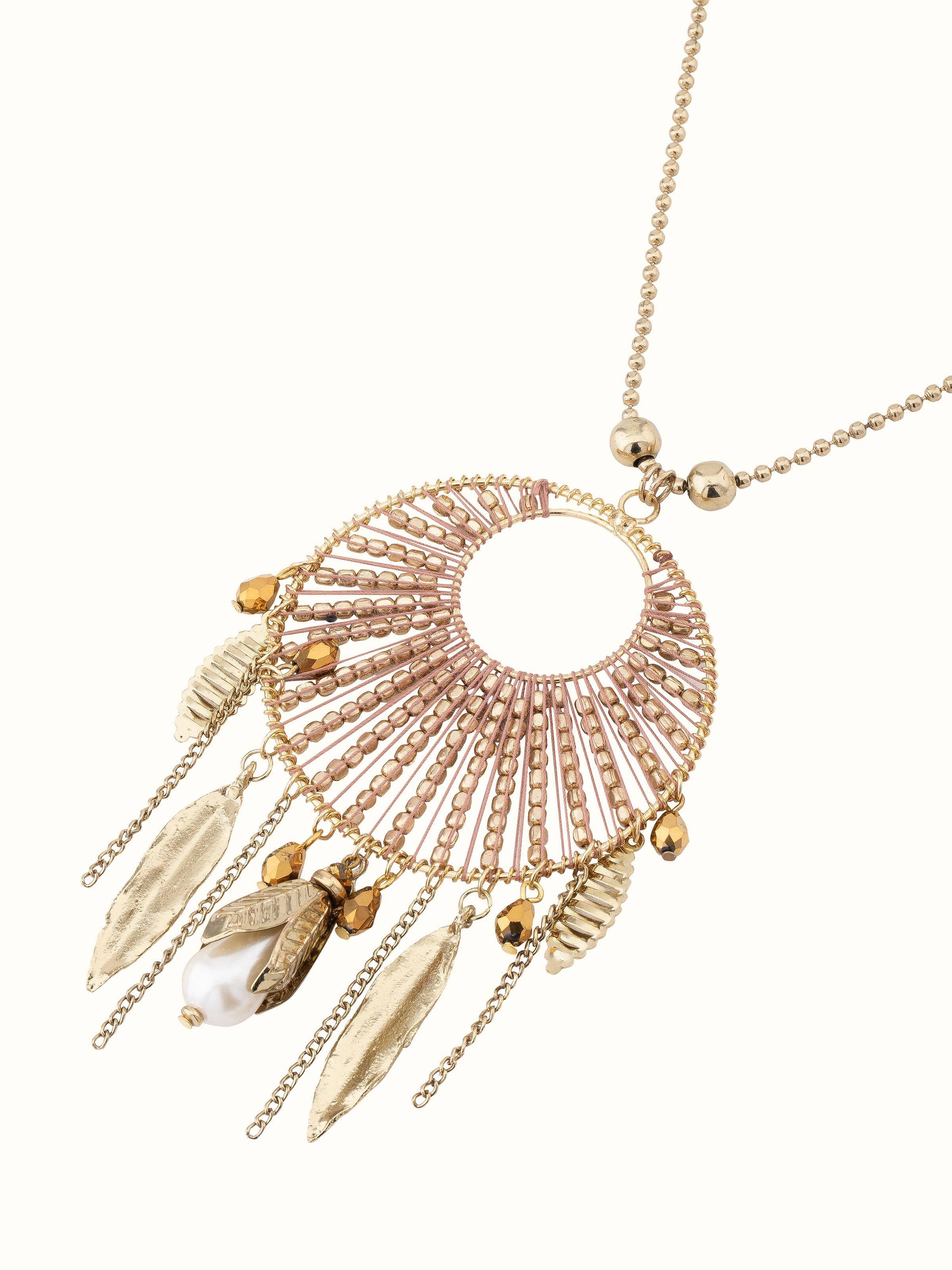 Overhead view of handcrafted long necklace highlighting its full length and elegant drape.