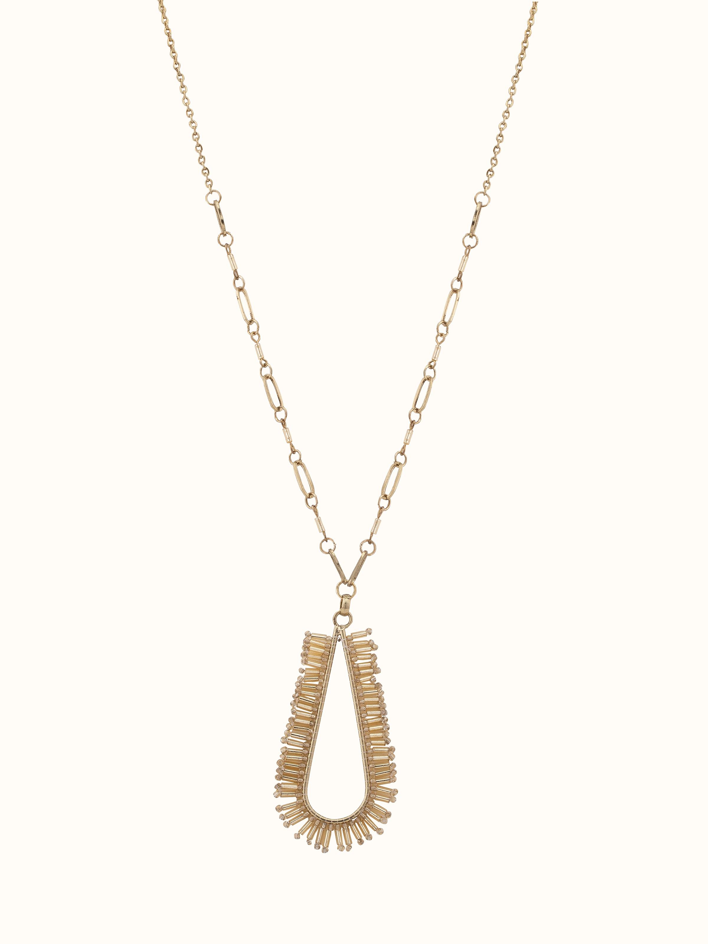 Front view of handcrafted long necklace featuring elegant design and length