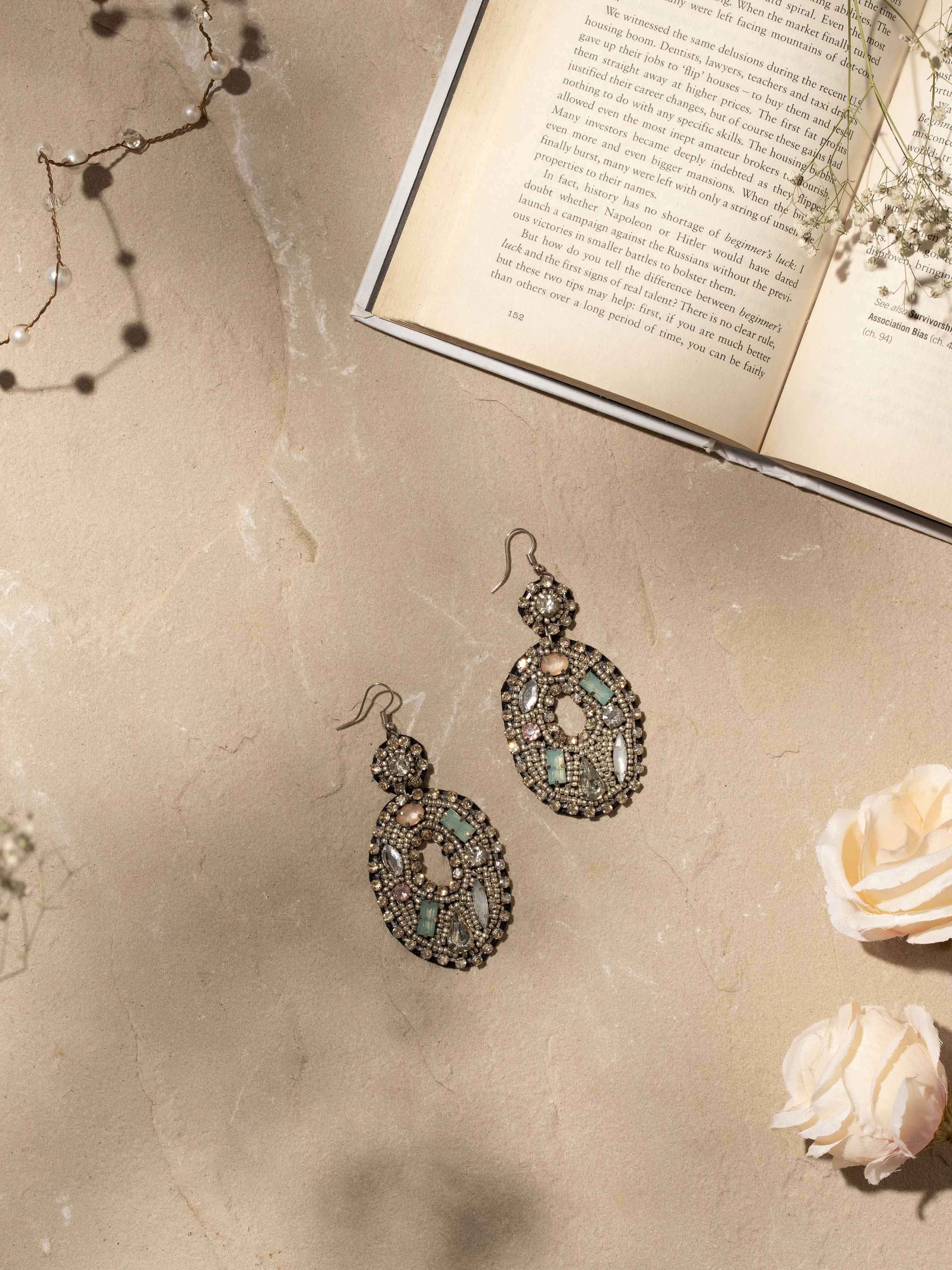 Angled view of handcrafted drop earrings showcasing their detailed design and overall elegance