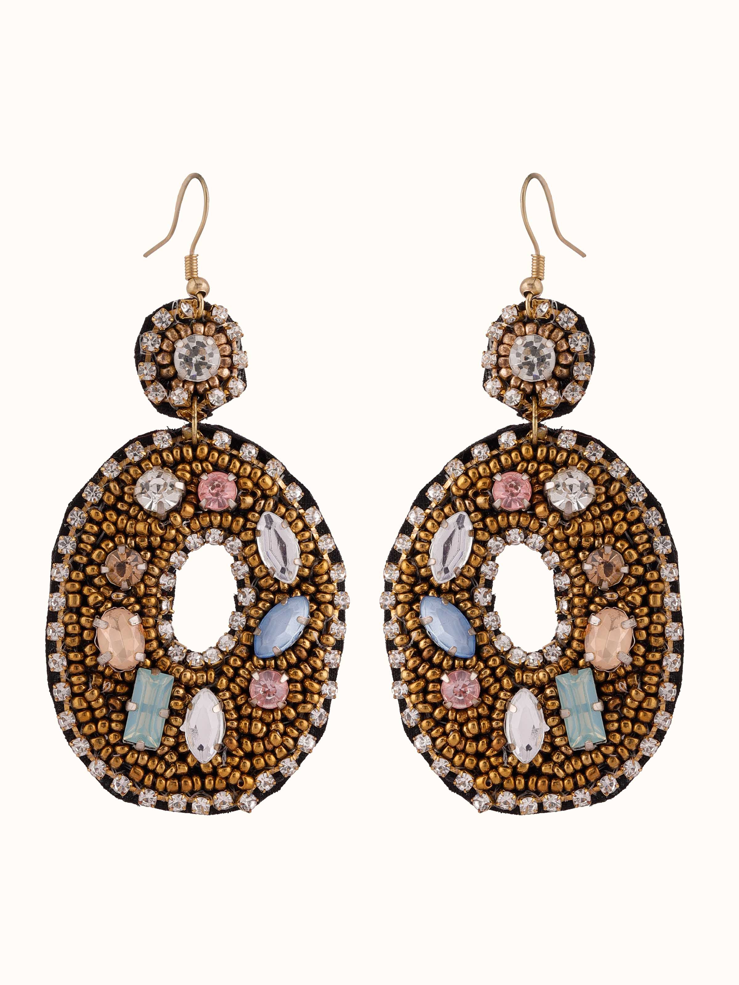 Front view of handcrafted drop earrings featuring detailed design and vibrant colors