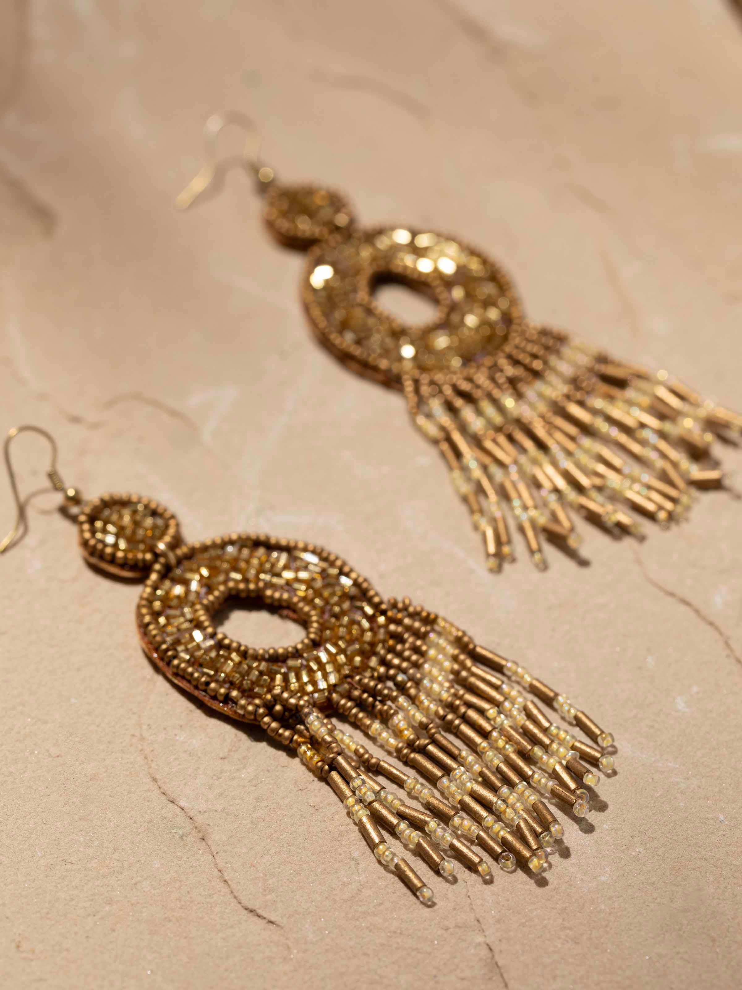 Detailed image of Handcrafted Drop Earrings highlighting the intricate artisanal work and design.