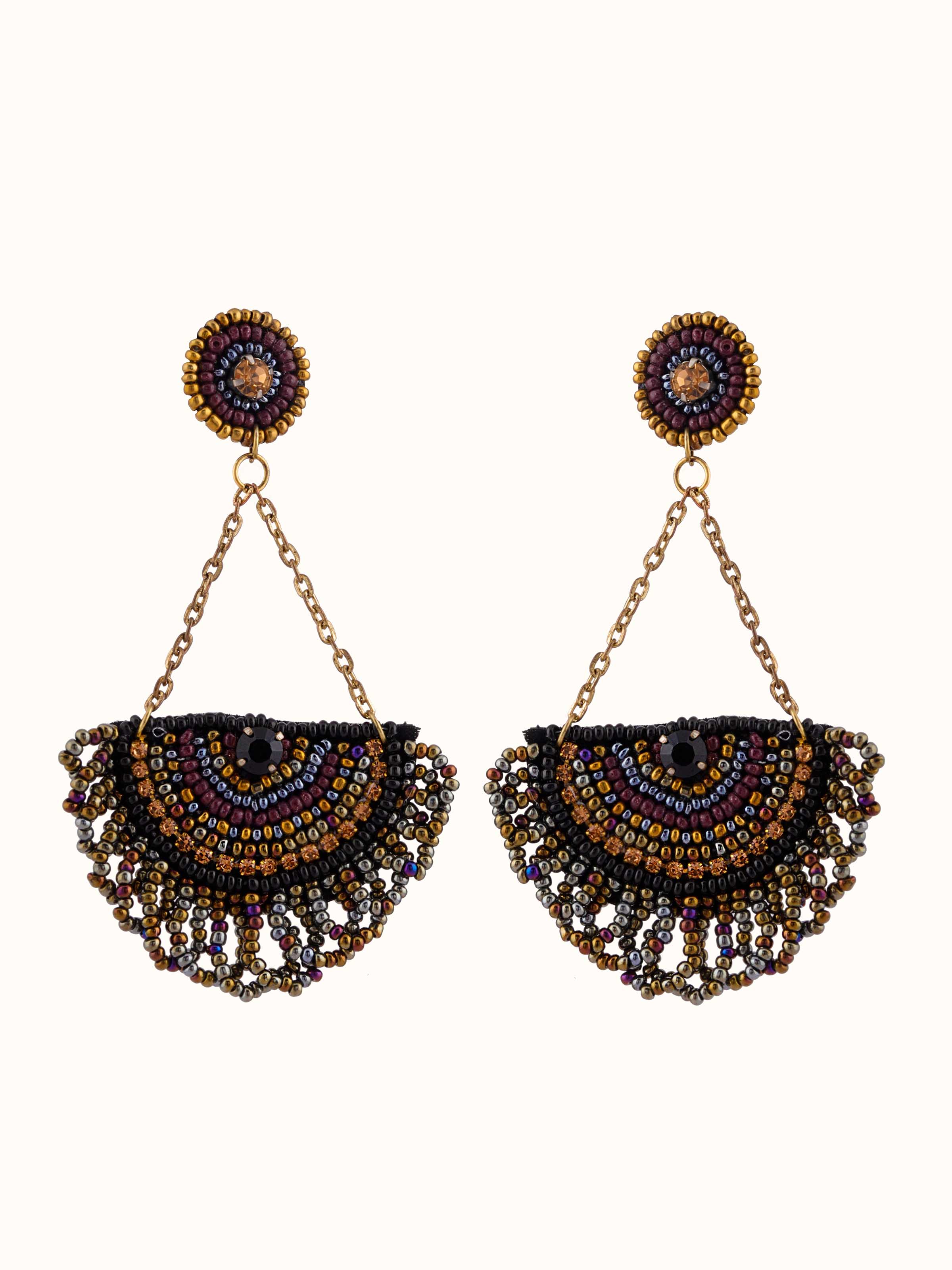 Front view of handcrafted drop earrings featuring intricate design and elegant drops