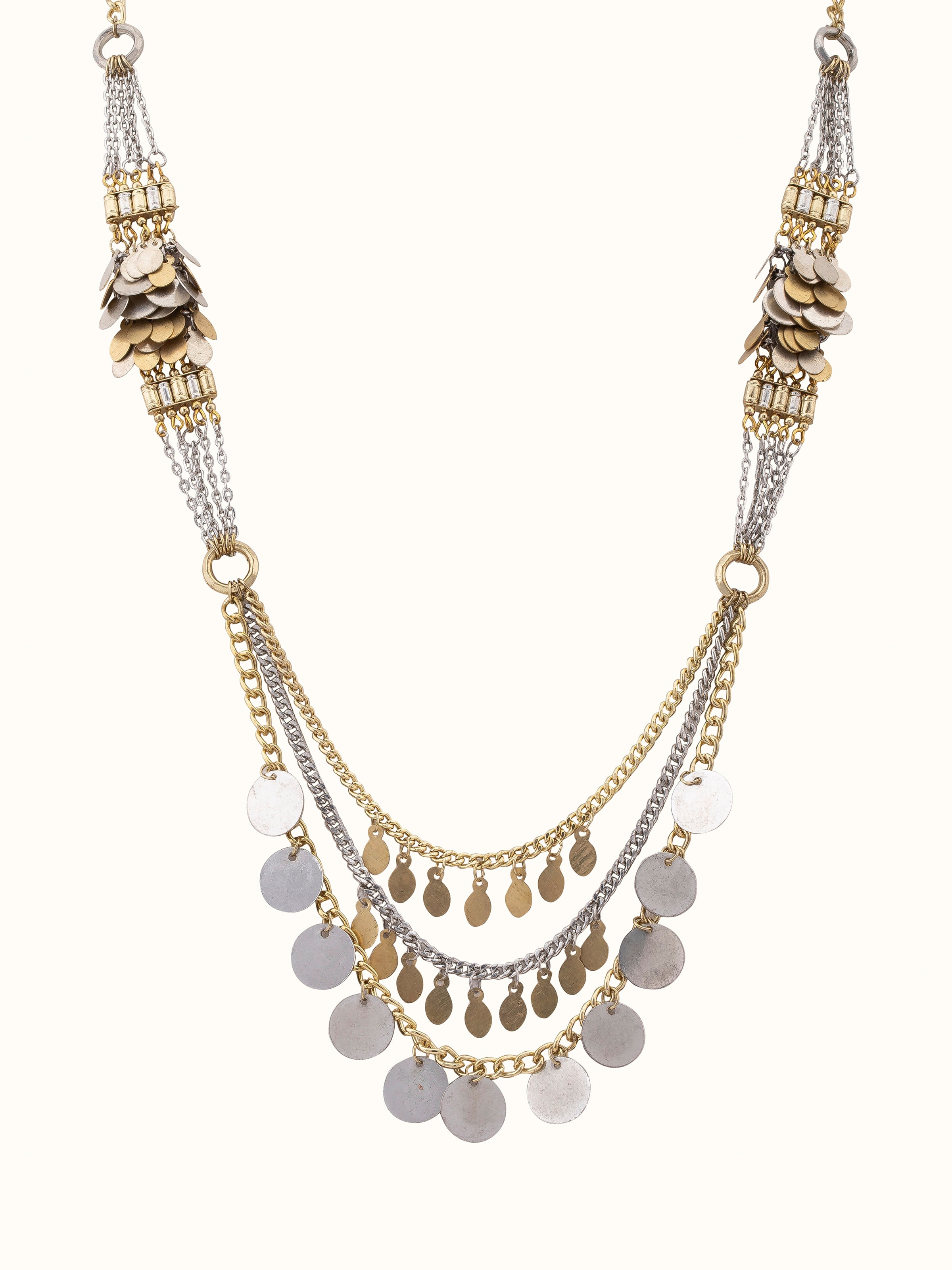 Front view of handcrafted long necklace featuring detailed design and intricate metalwork.