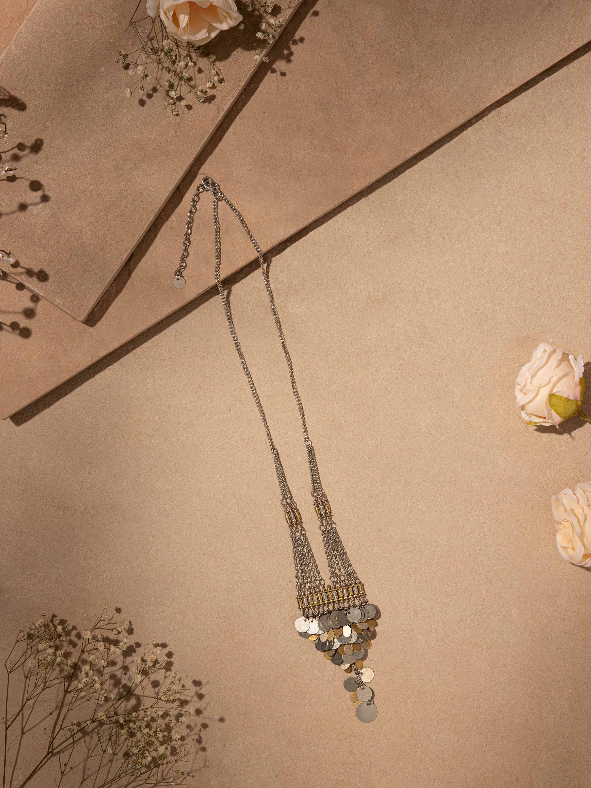 Side view of Handcrafted Long Necklace highlighting the elegant length and detailed design.