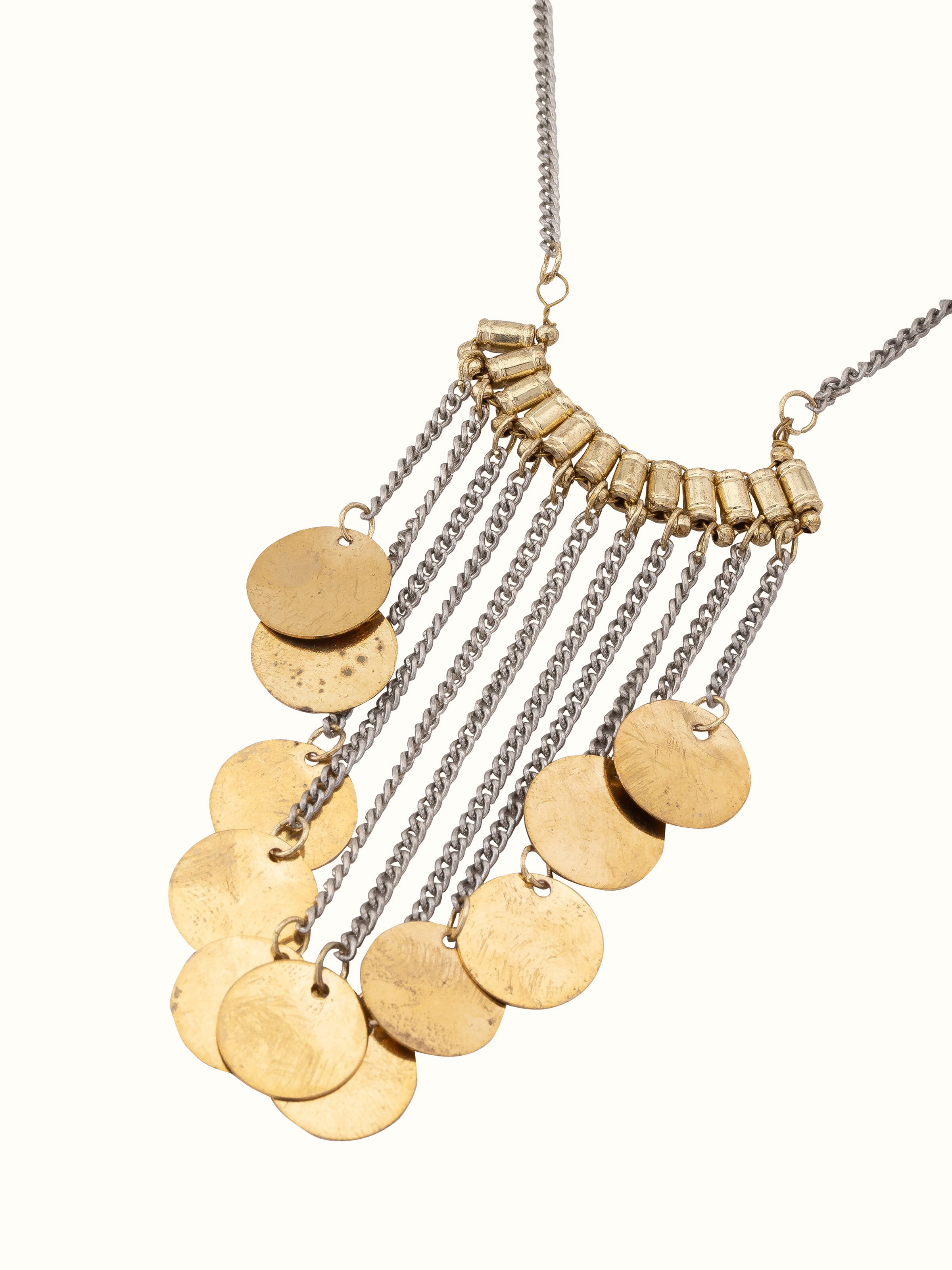 Angled view of handcrafted long necklace emphasizing its stylish and colorful design