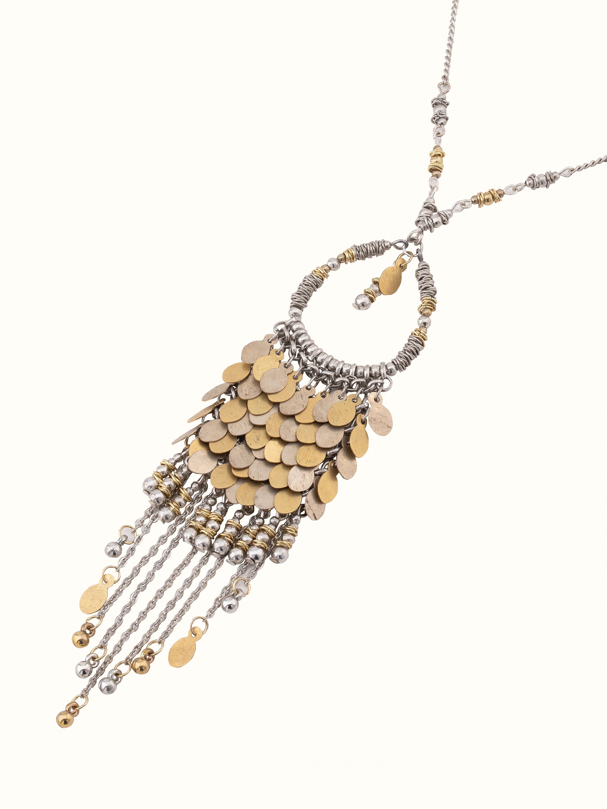 Angled view of Handcrafted long necklace featuring its unique design and artistic craftsmanship