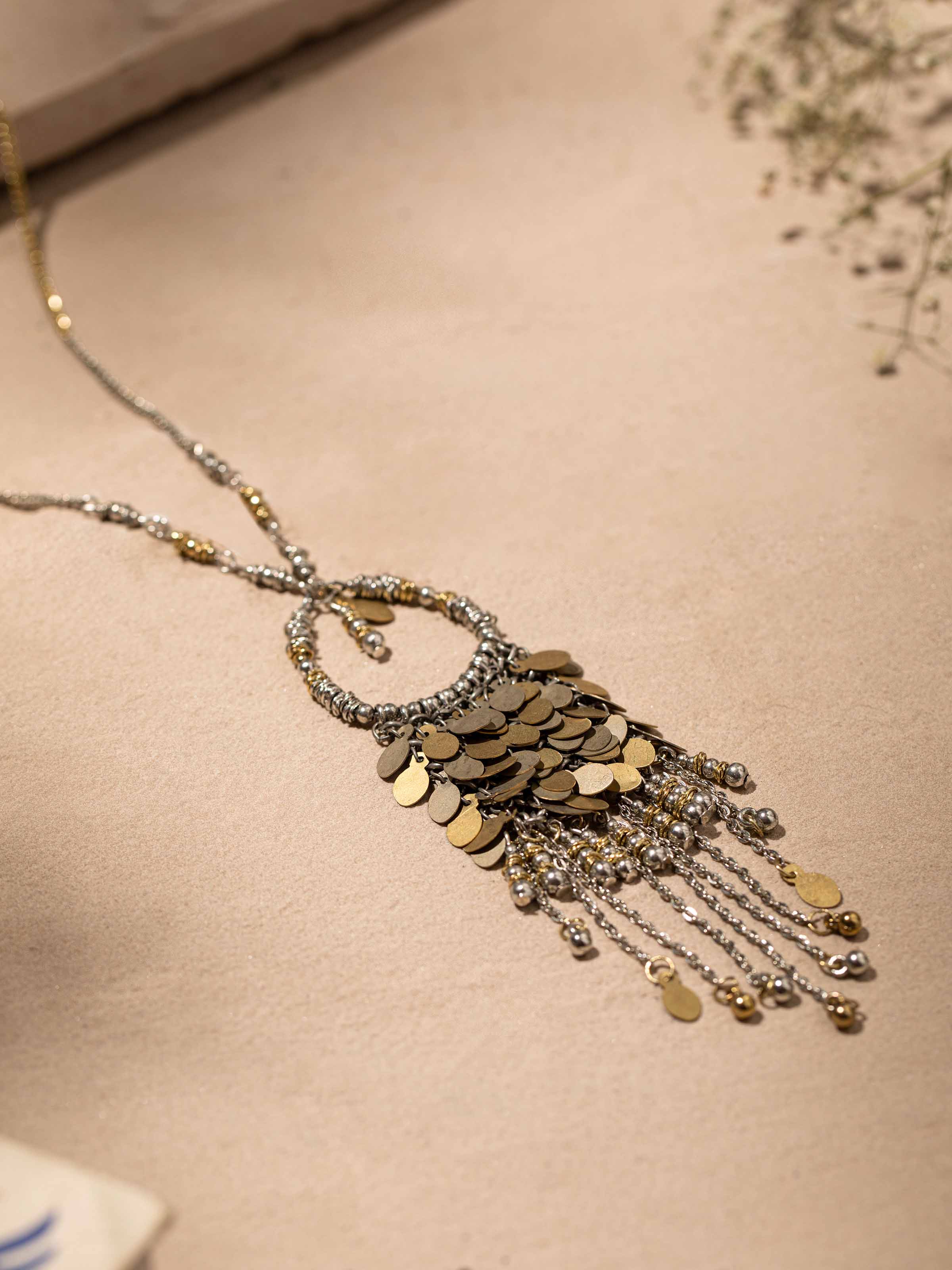 Detailed view of Handcrafted long necklace showcasing its fine workmanship and elegant design