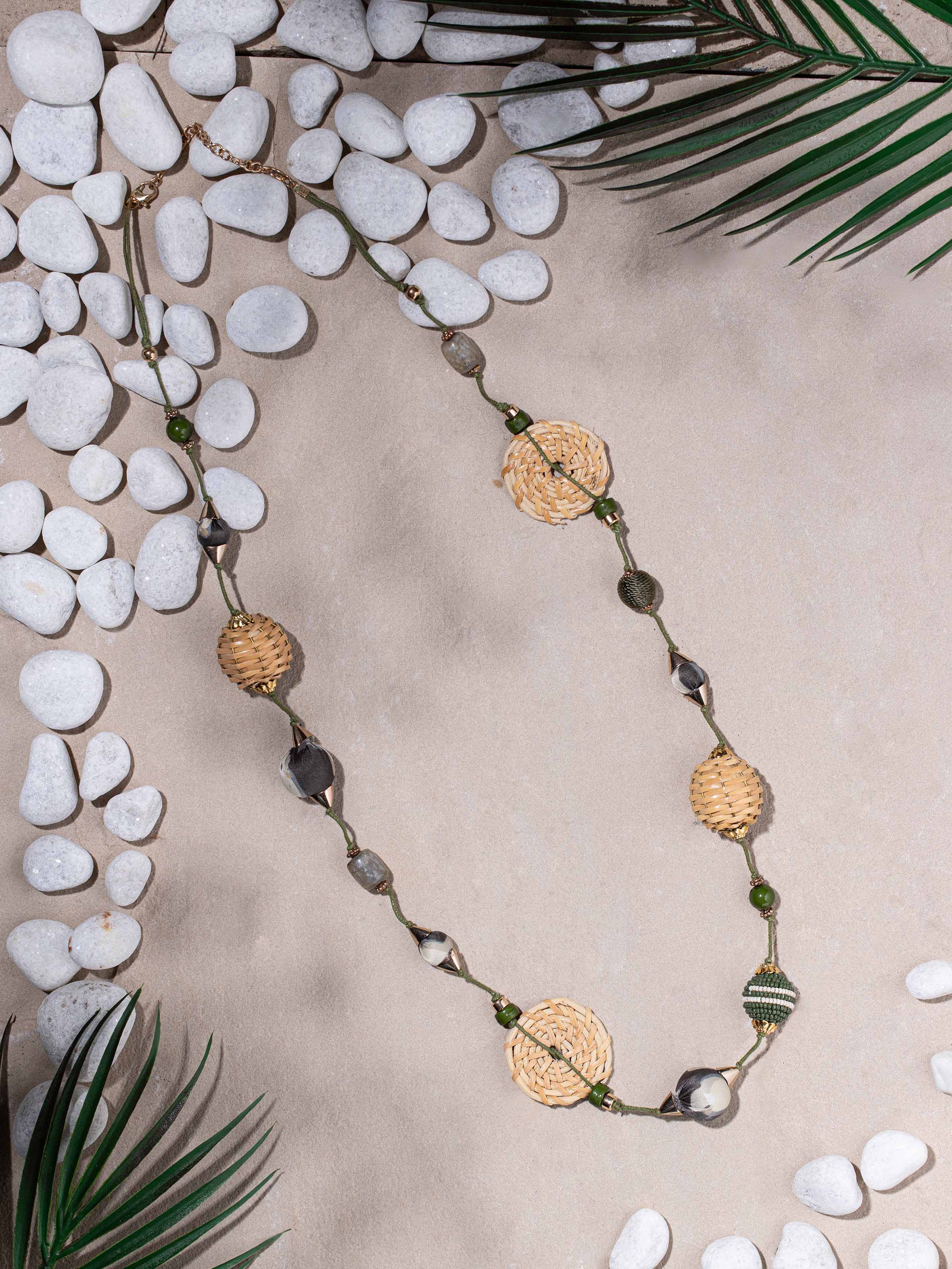 Side view of Handcrafted Long Necklace illustrating the length and detailed design.