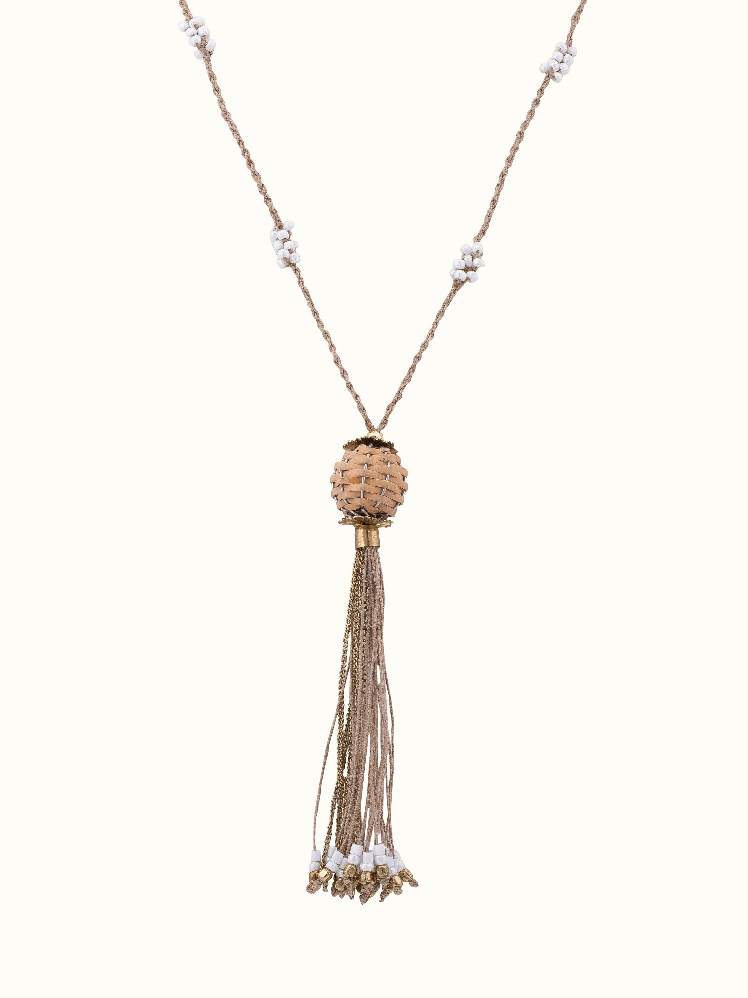Front view of handcrafted long necklace displaying elegant beadwork and design