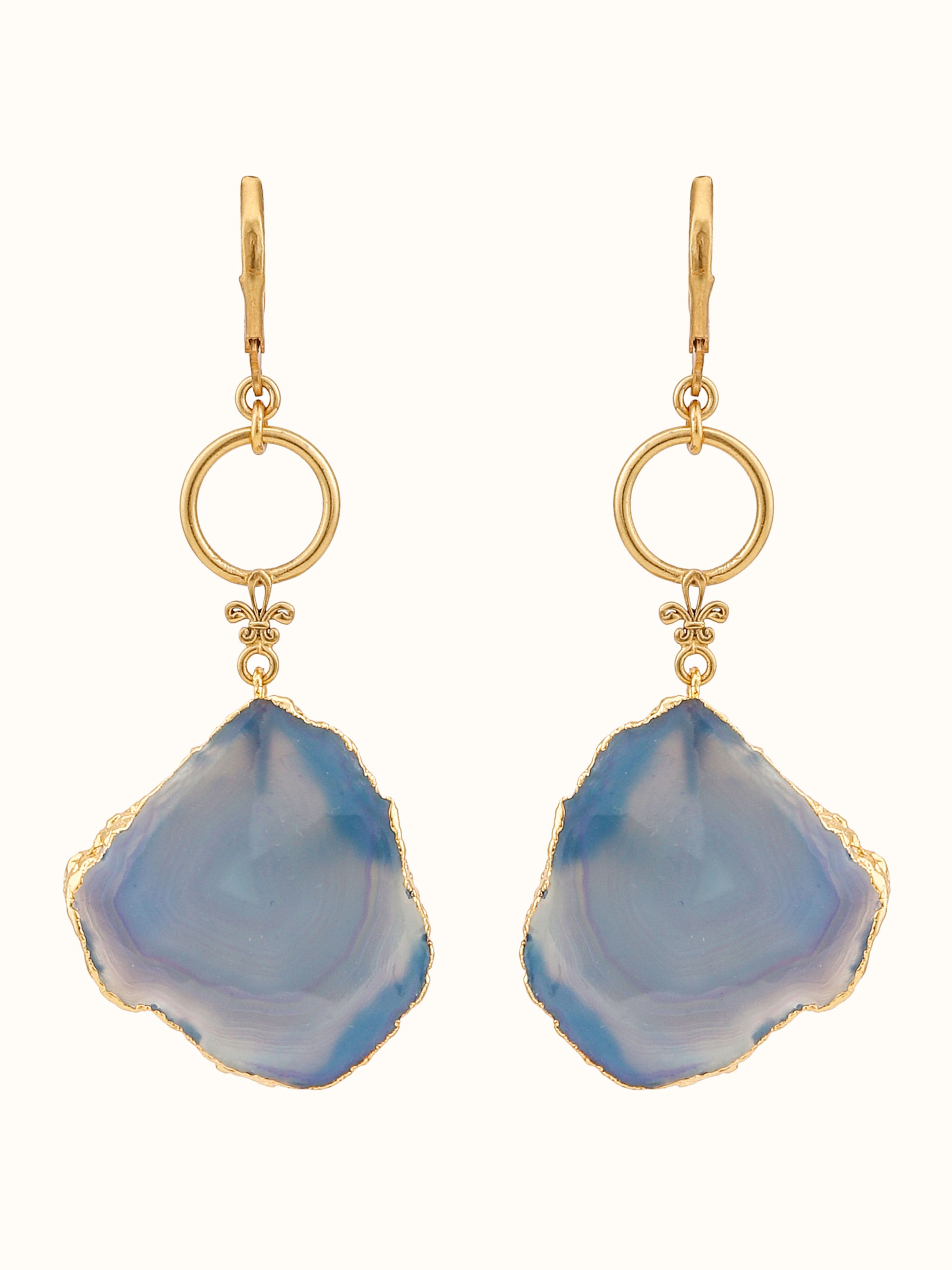 Front view of agate drop earrings showcasing unique stone design and color