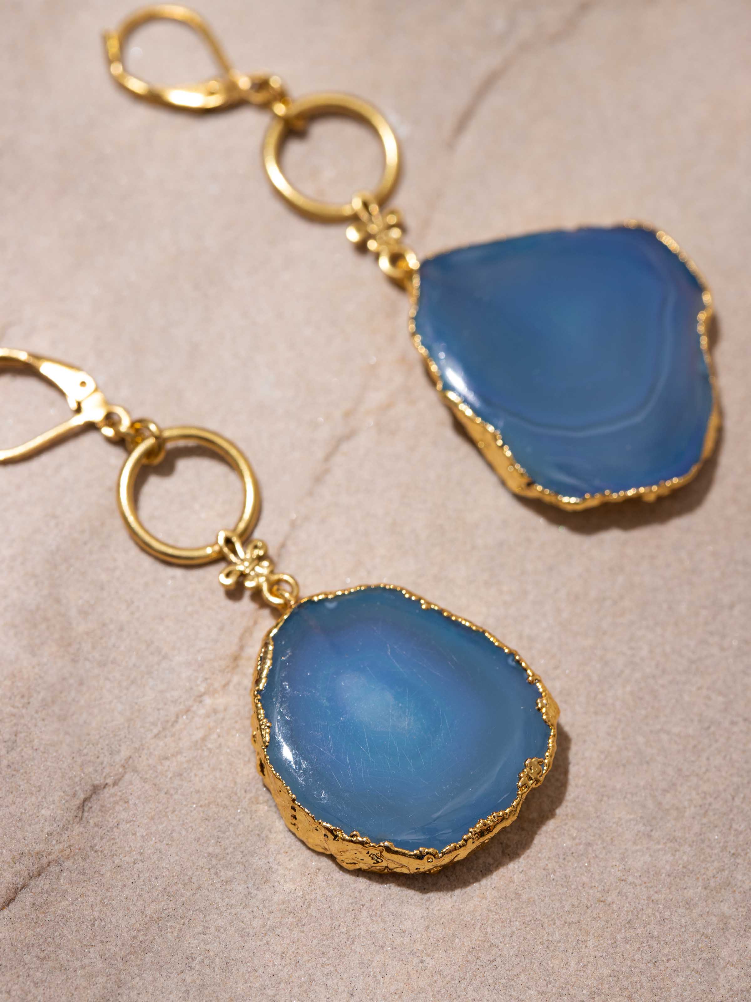Detailed view of agate drop earrings focusing on craftsmanship and design