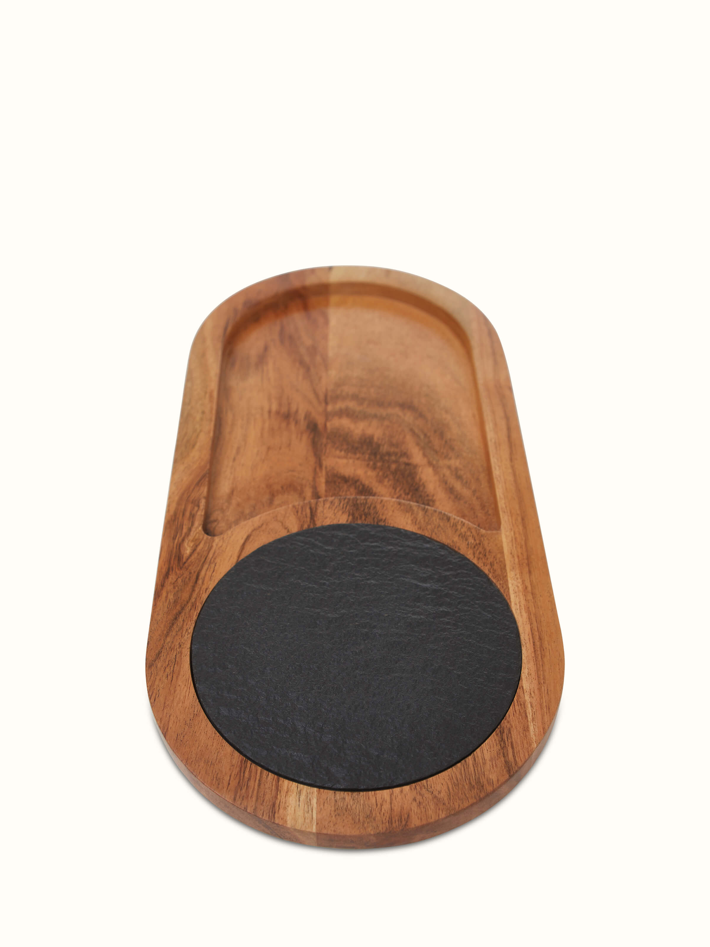 Front view of Acacia wood & slate stone cheese board featuring a sleek, modern design