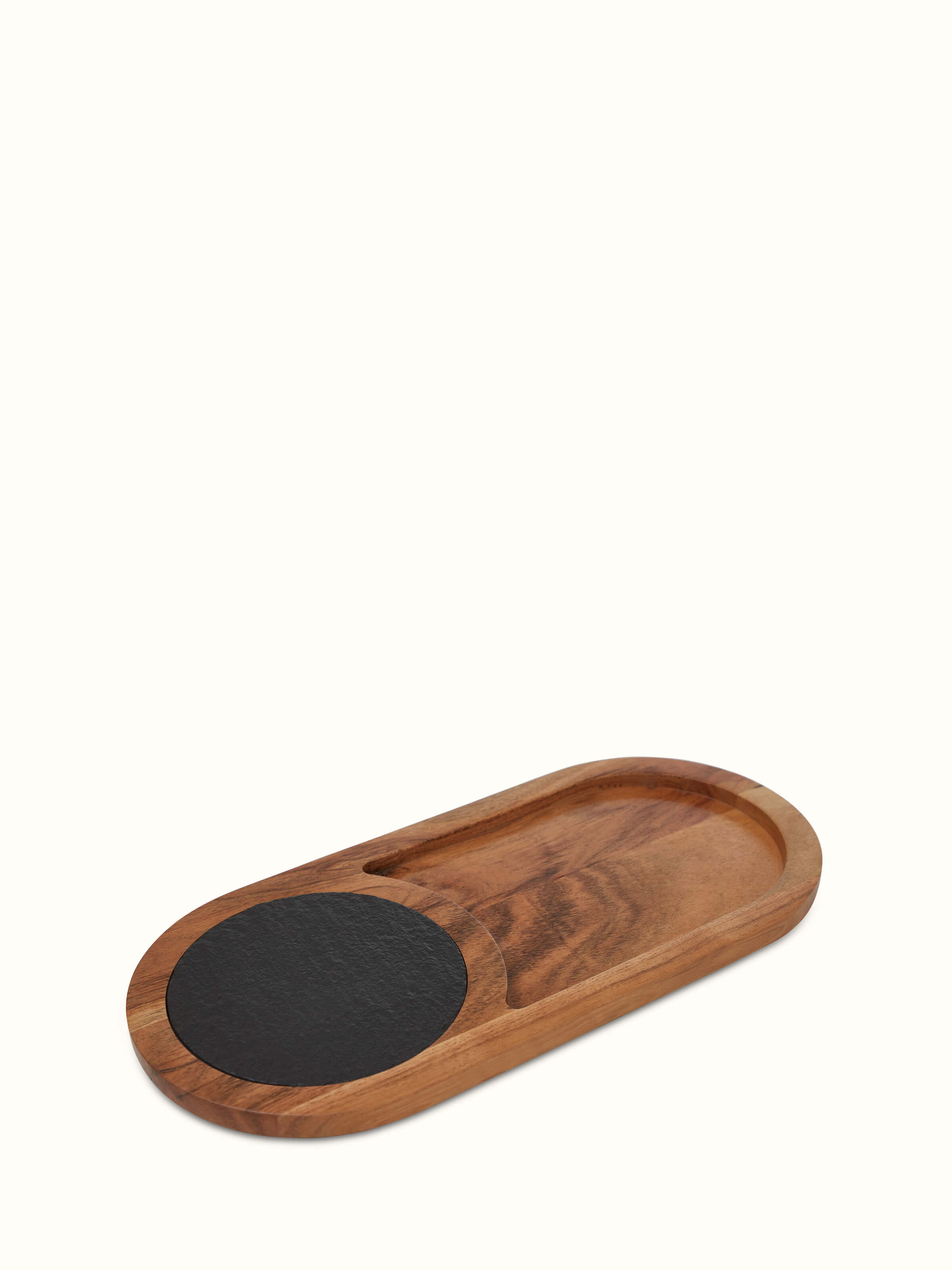 Angled view of Acacia wood & slate stone cheese board highlighting the combination of textures and materials