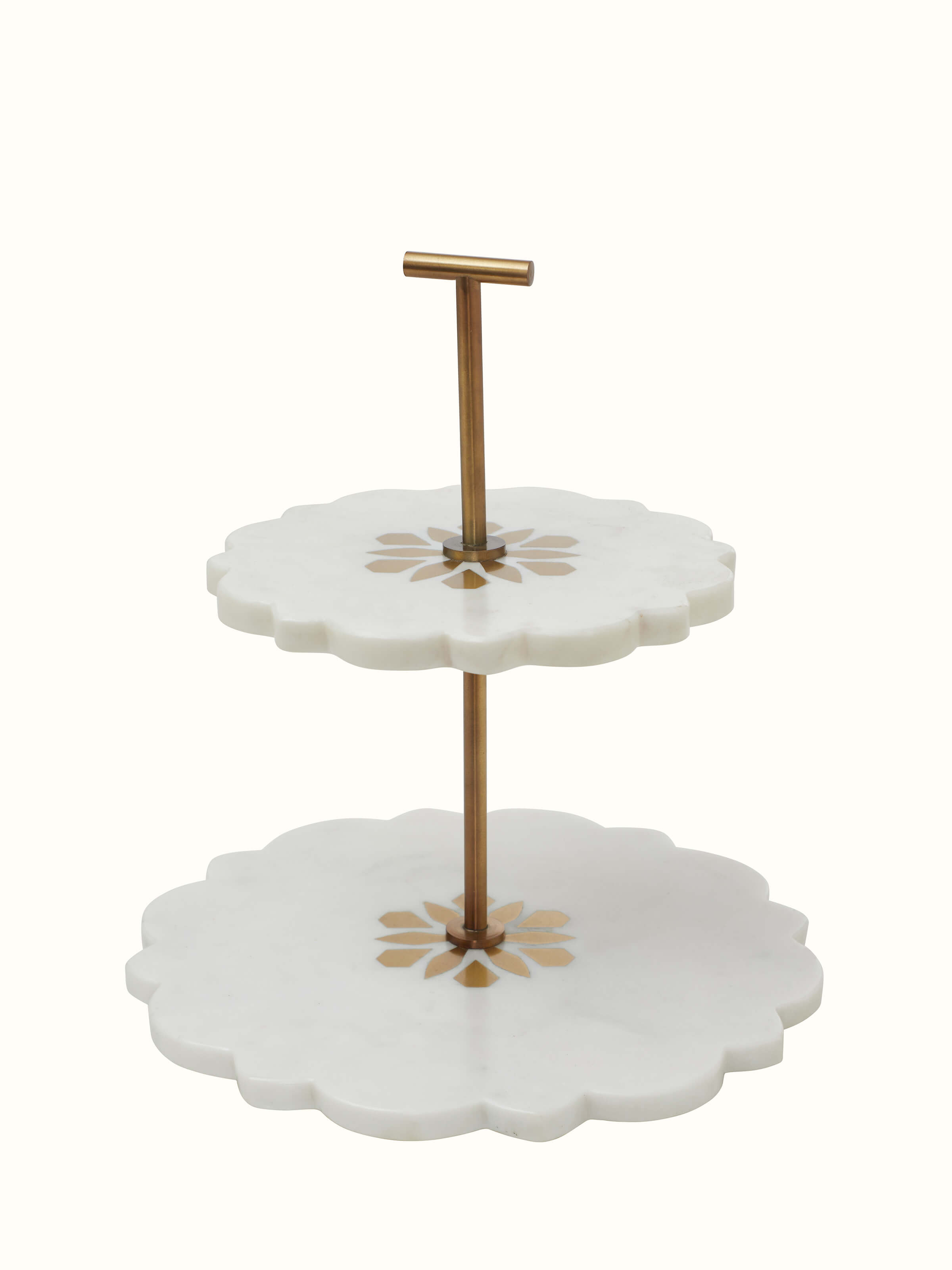 Front view of Marble & Brass 2-tier cake stand showcasing its elegant marble surface and brass accents