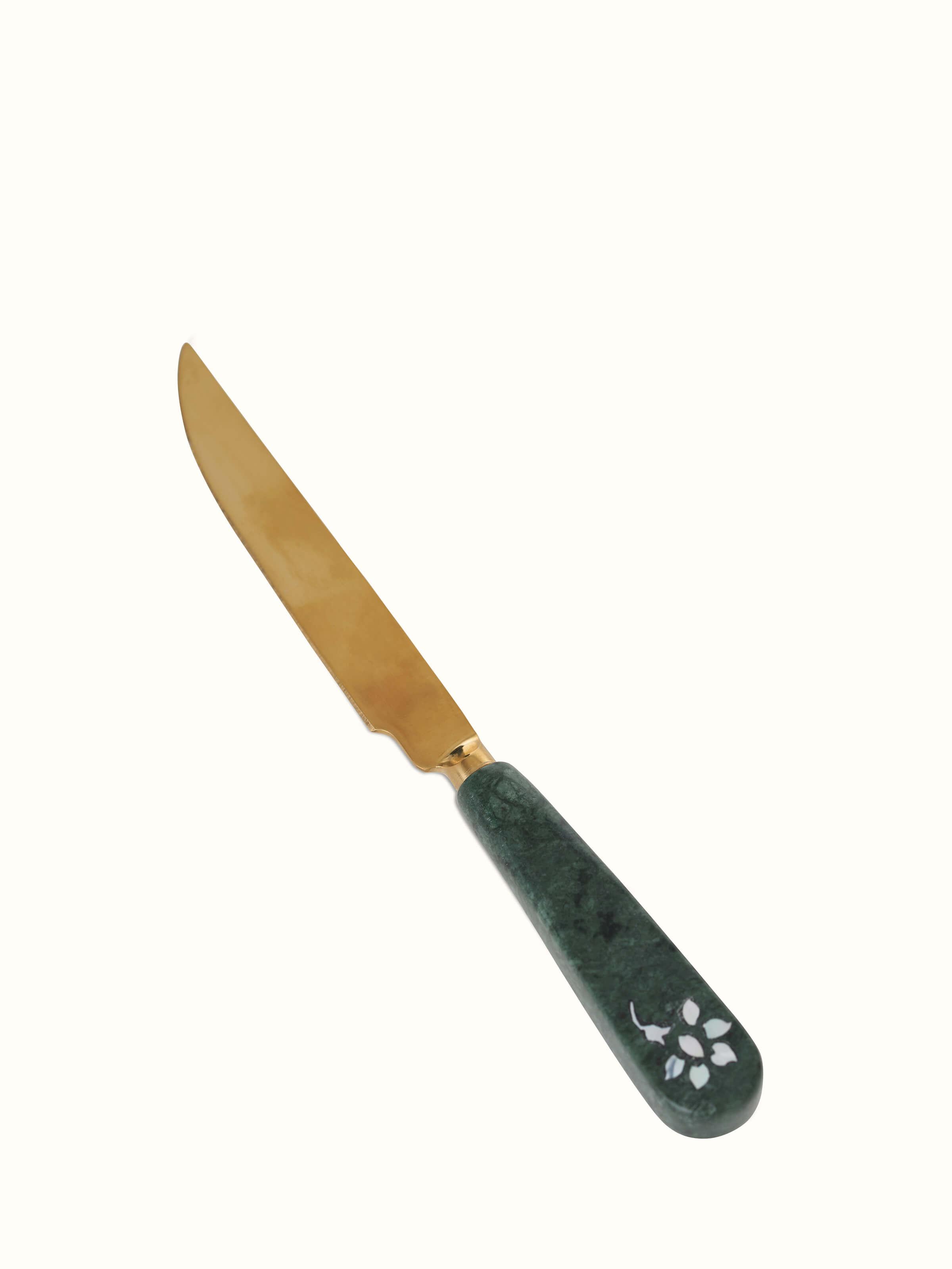 Front view of Marble & Brass Inlaid Butter Knife showcasing elegant design.