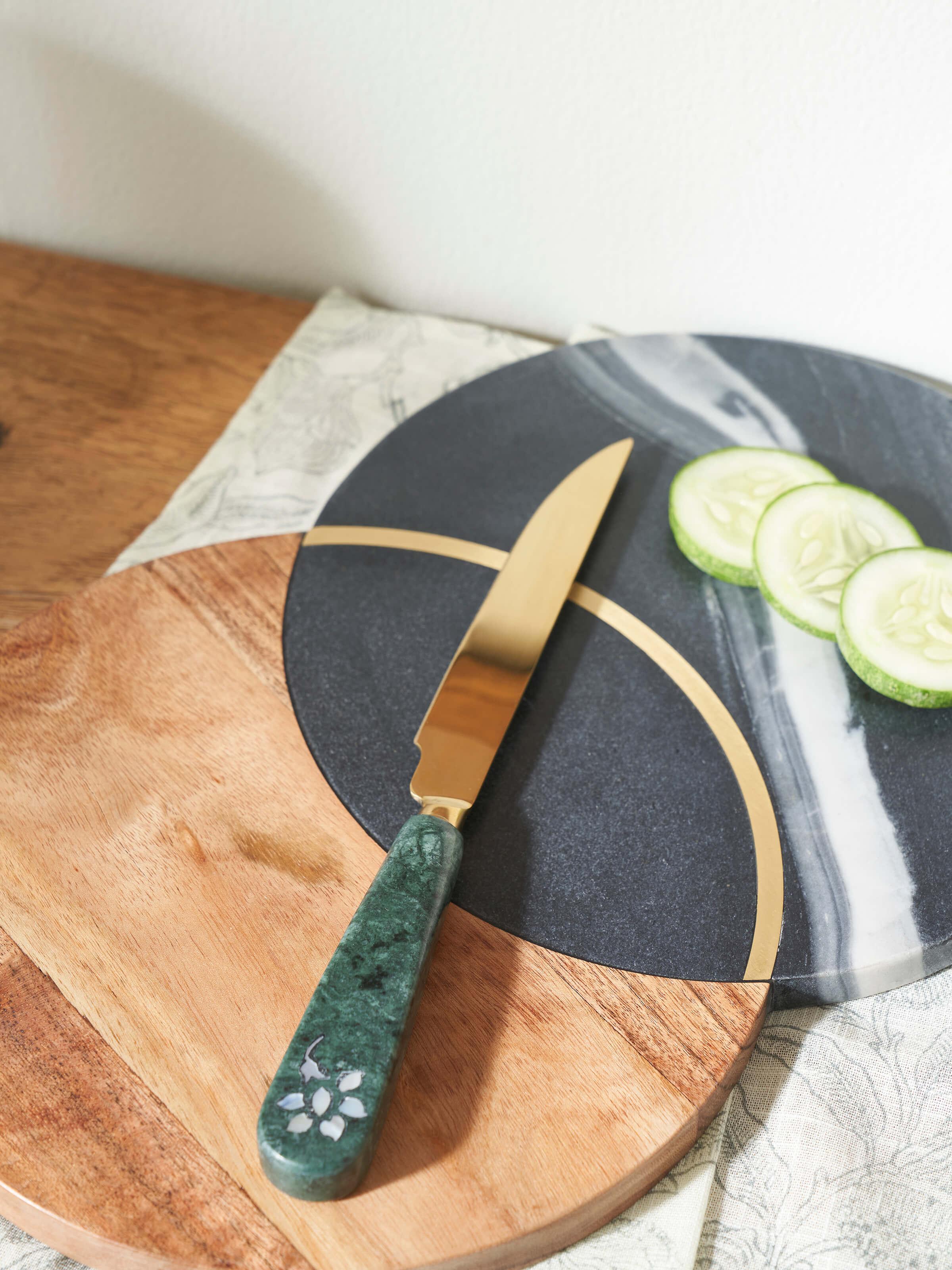 Side view of Marble & Brass Inlaid Butter Knife highlighting craftsmanship and materials.