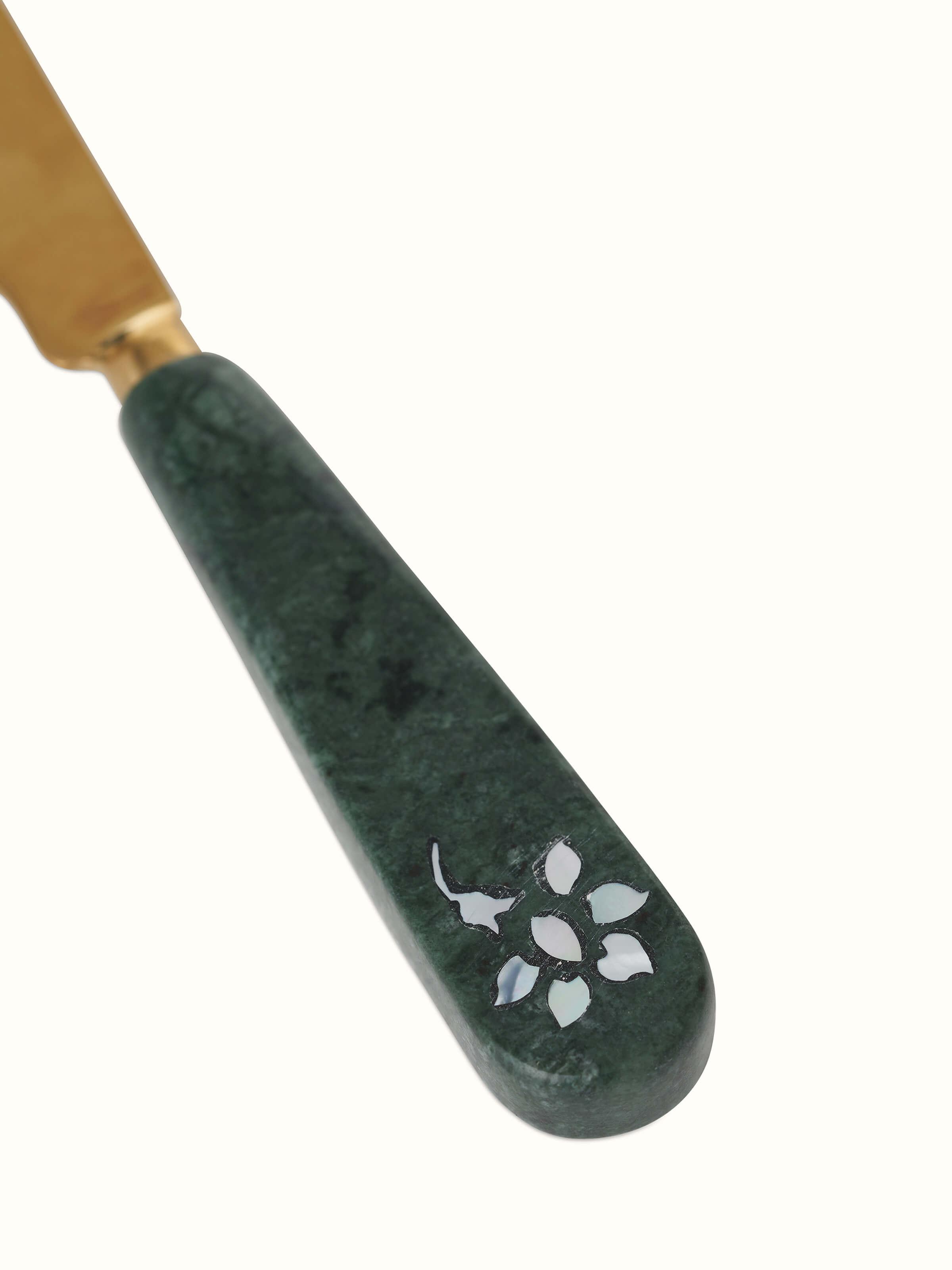 Close-up of Marble & Brass Inlaid Butter Knife showing detailed inlay work.