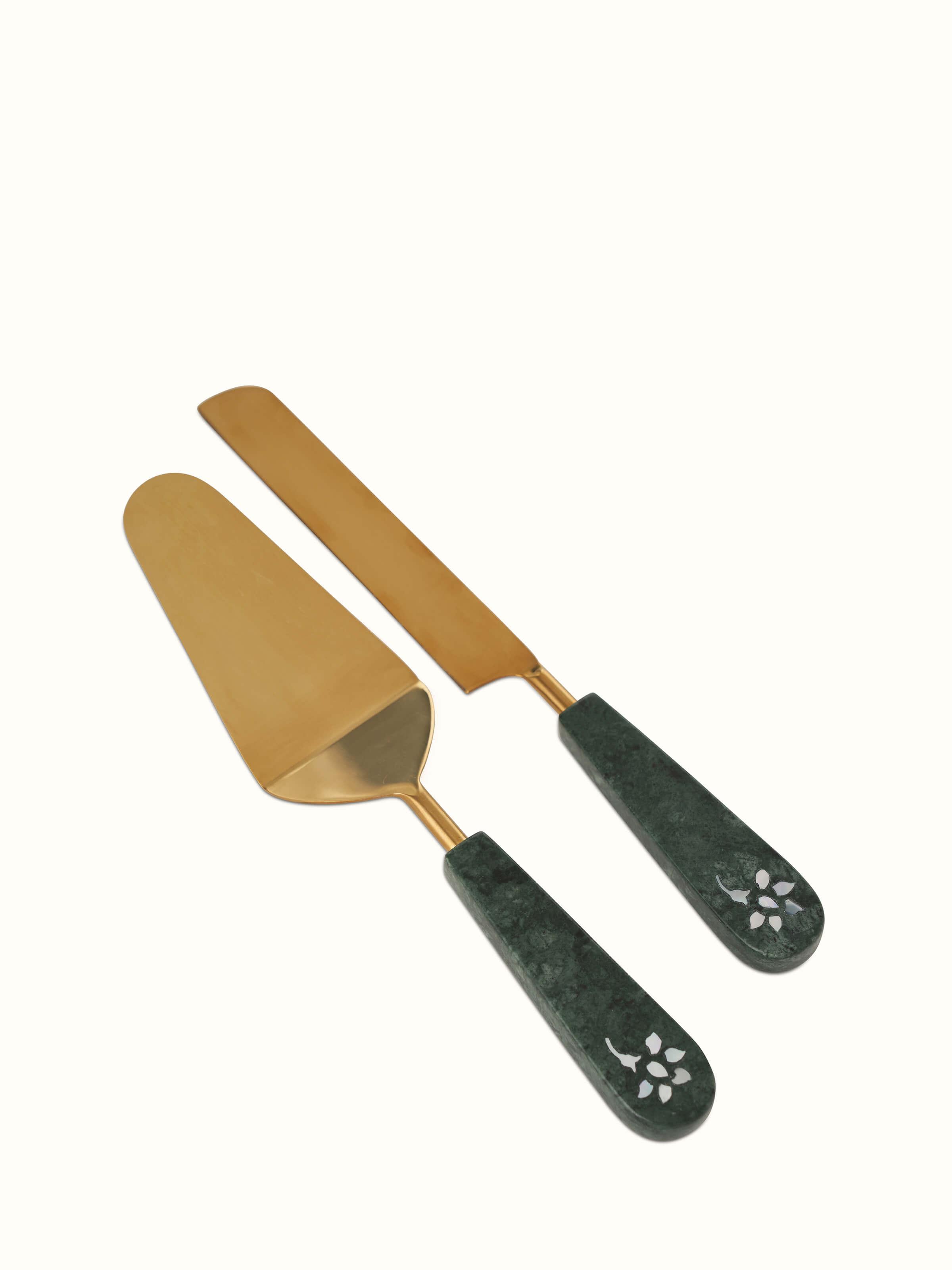 Front view of marble & brass cake servers set of 2, featuring their elegant design