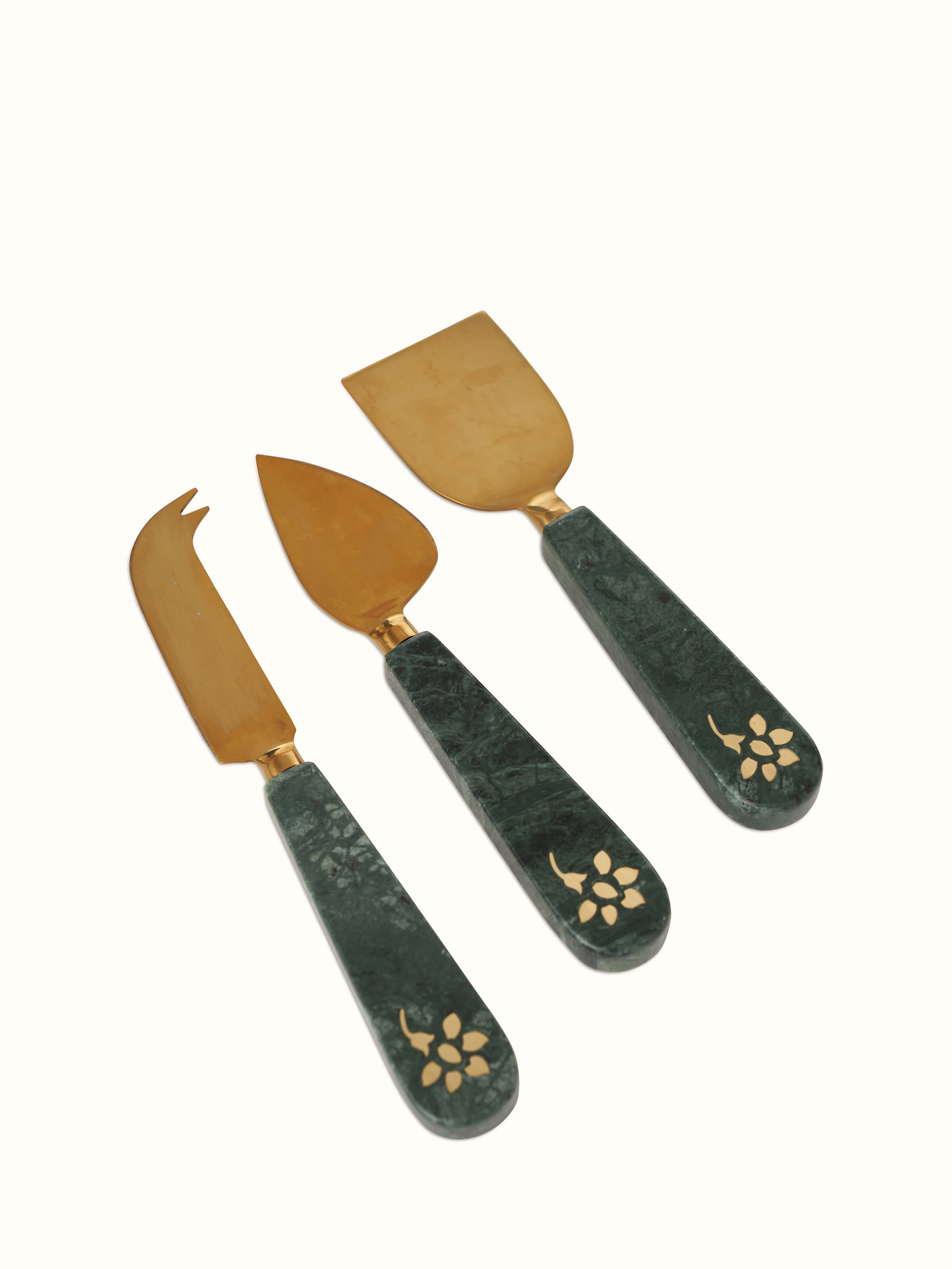Front view of Marble & Brass Cheese Knives (3 pcs) showcasing elegant handles