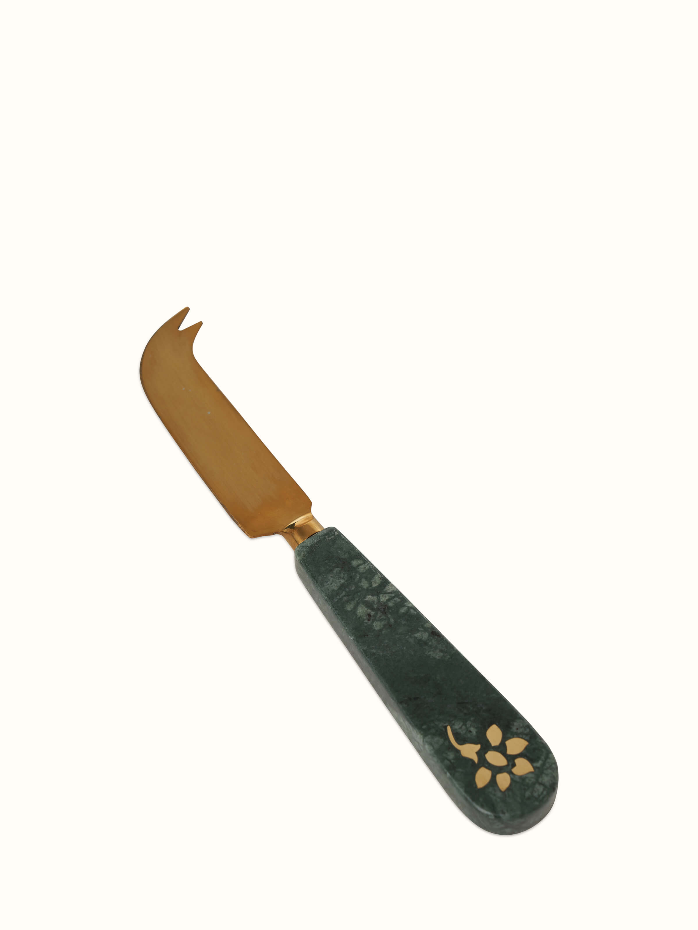 Angled view of Marble & Brass Cheese Knives (3 pcs) demonstrating their premium look