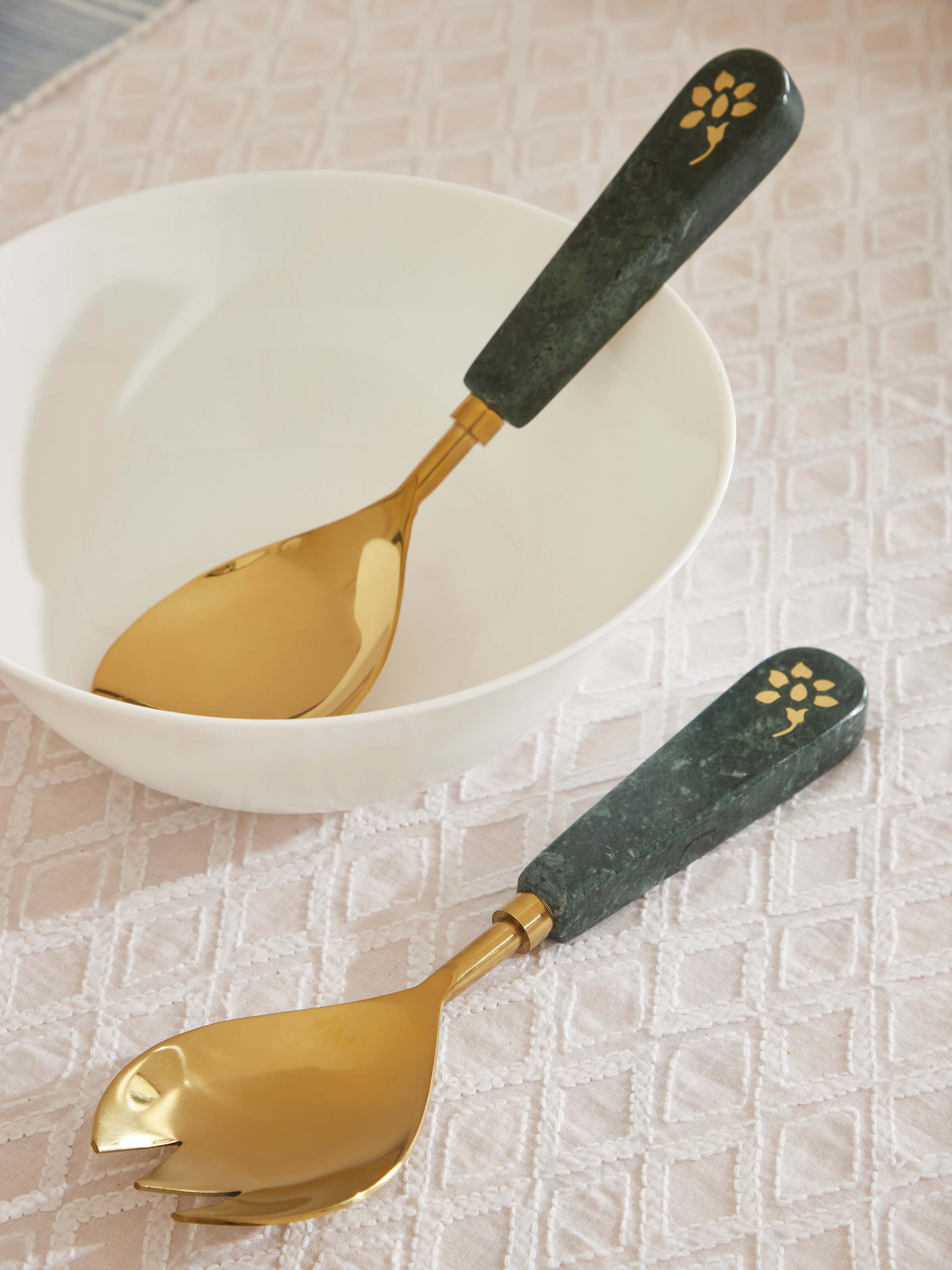 Side view of Marble & brass serving spoons (2 pcs) highlighting the intricate marble inlay and brass details.