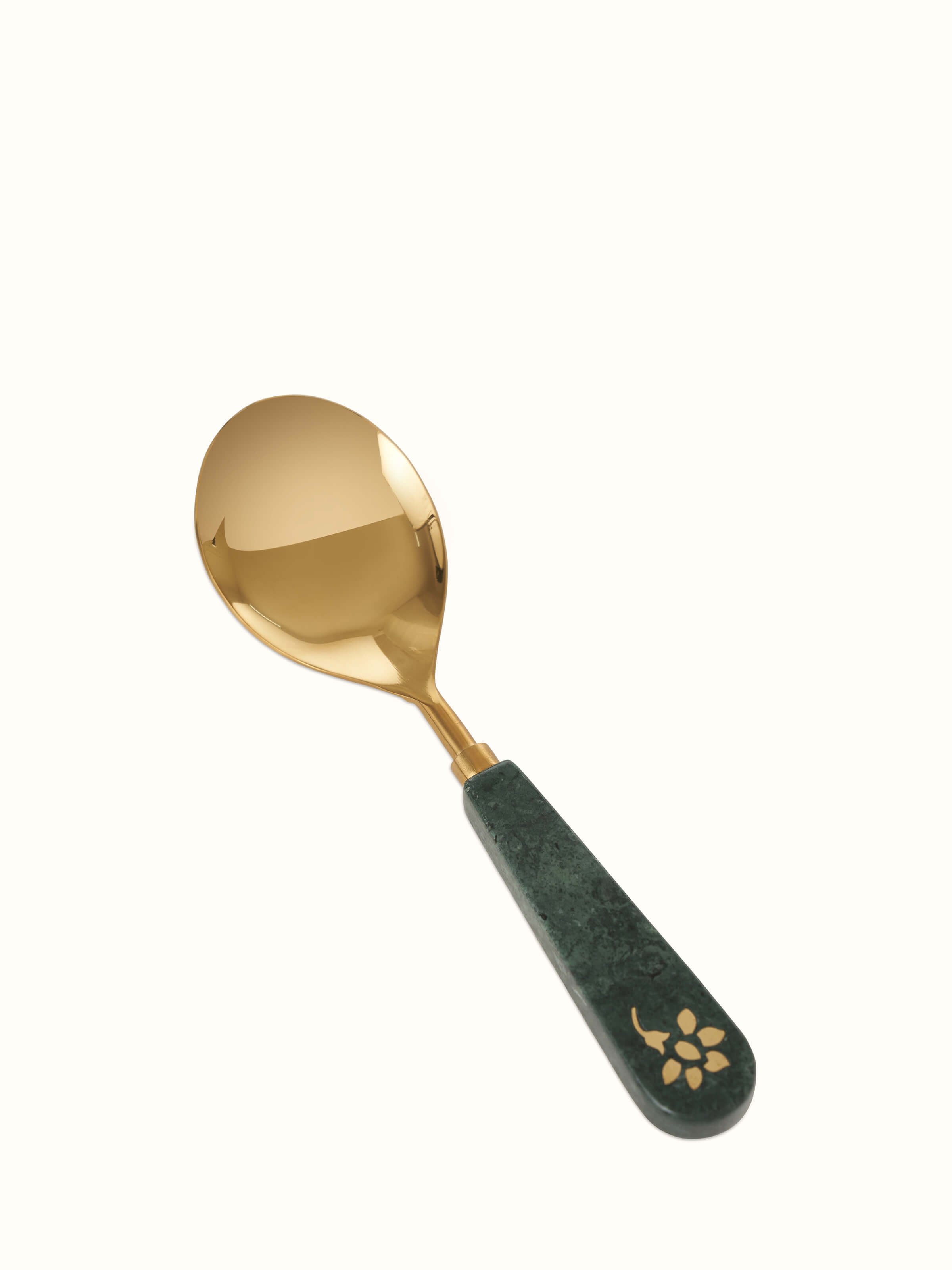 Close-up view of Marble & brass serving spoons (2 pcs), emphasizing the smooth marble surface and detailed brass work.