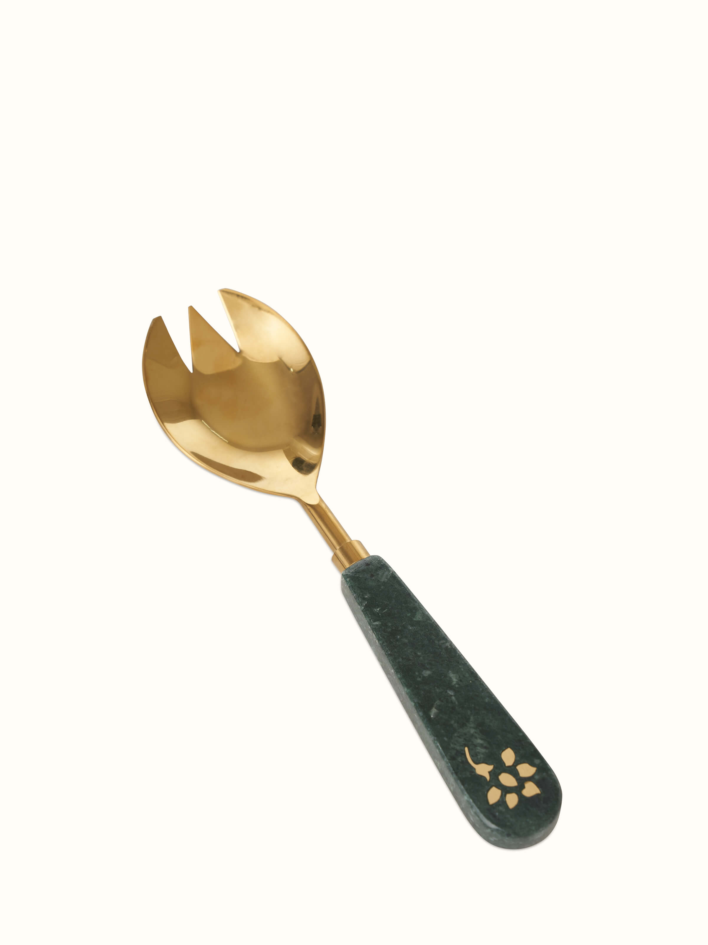 Angle view of Marble & brass serving spoons (2 pcs) showing the combination of marble and brass in the spoons' design.