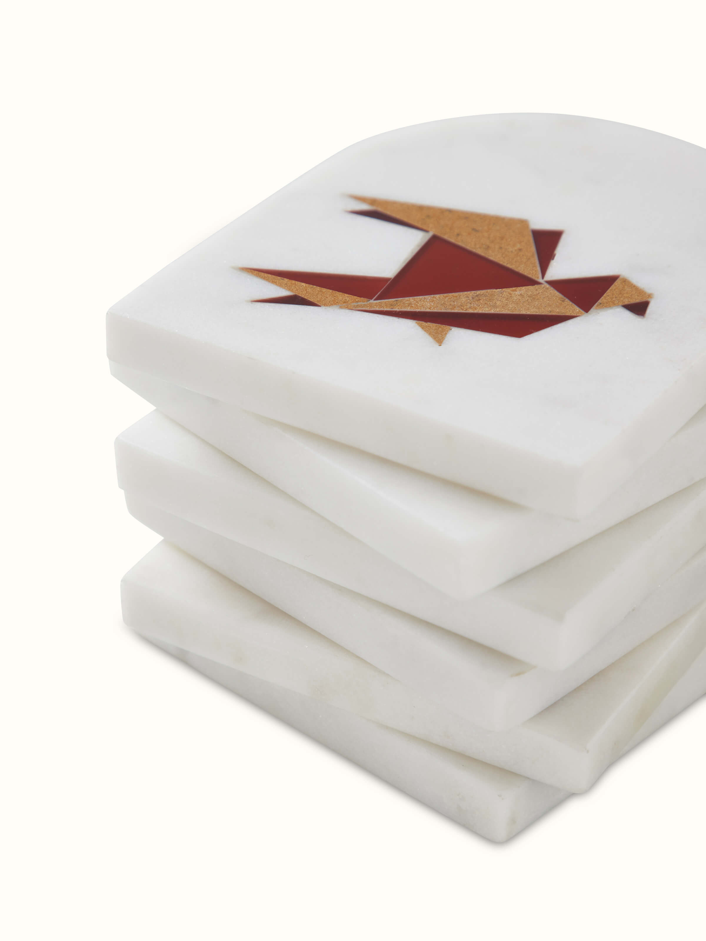Top-down view of Carved Marble Coasters (6 pcs) highlighting their detailed design and uniform marble surface.