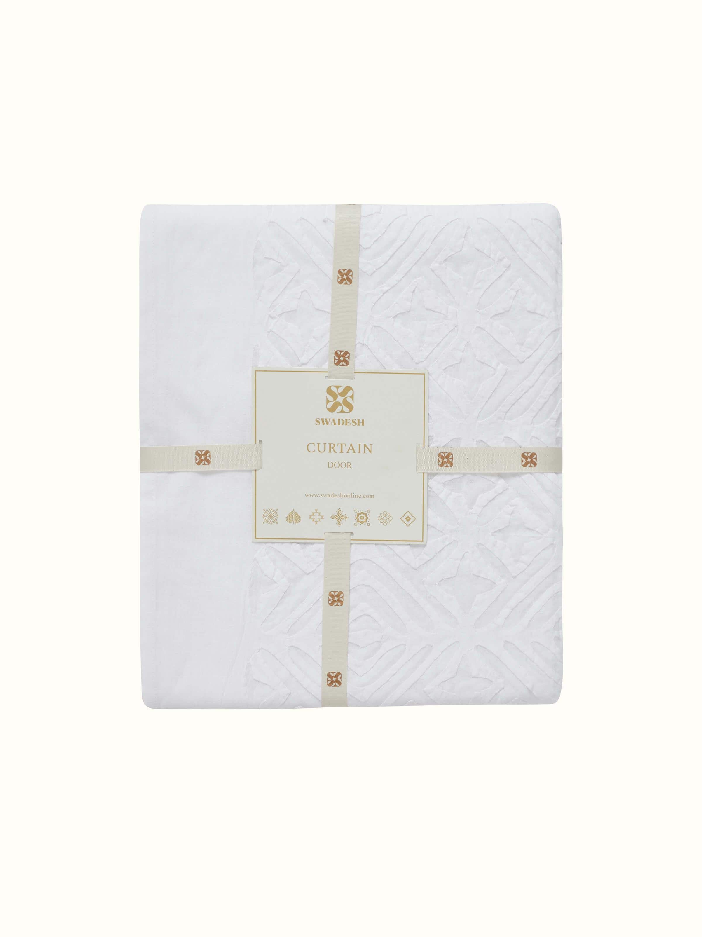 Full view of Mandana white trellis allover cotton applique sheer curtain hanging to display its design and length