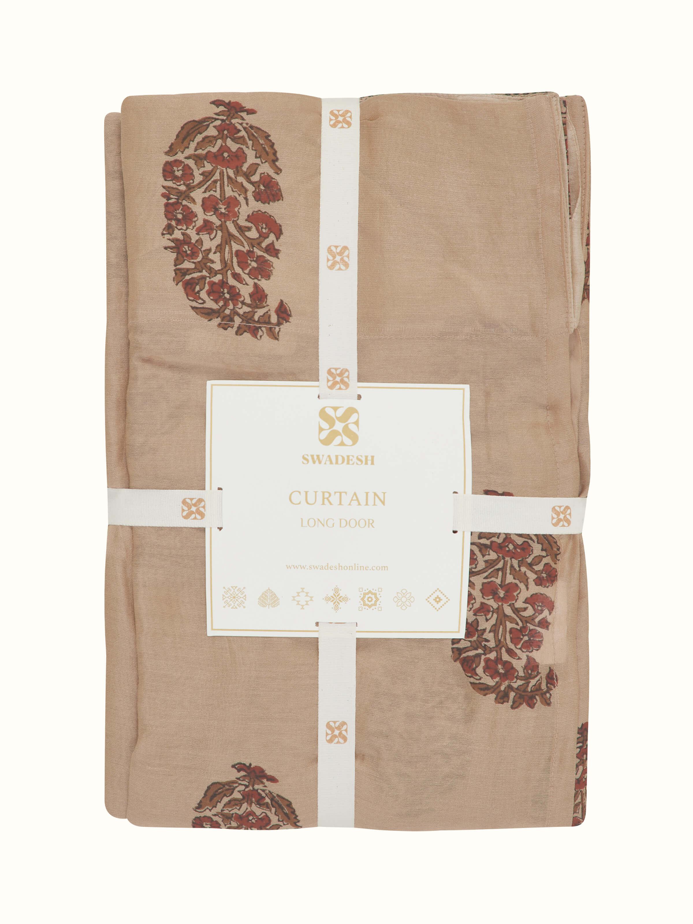 Detailed view of Vasudha rust buta silk cotton Bagru hand block print sheer curtain highlighting the block print and sheer quality.