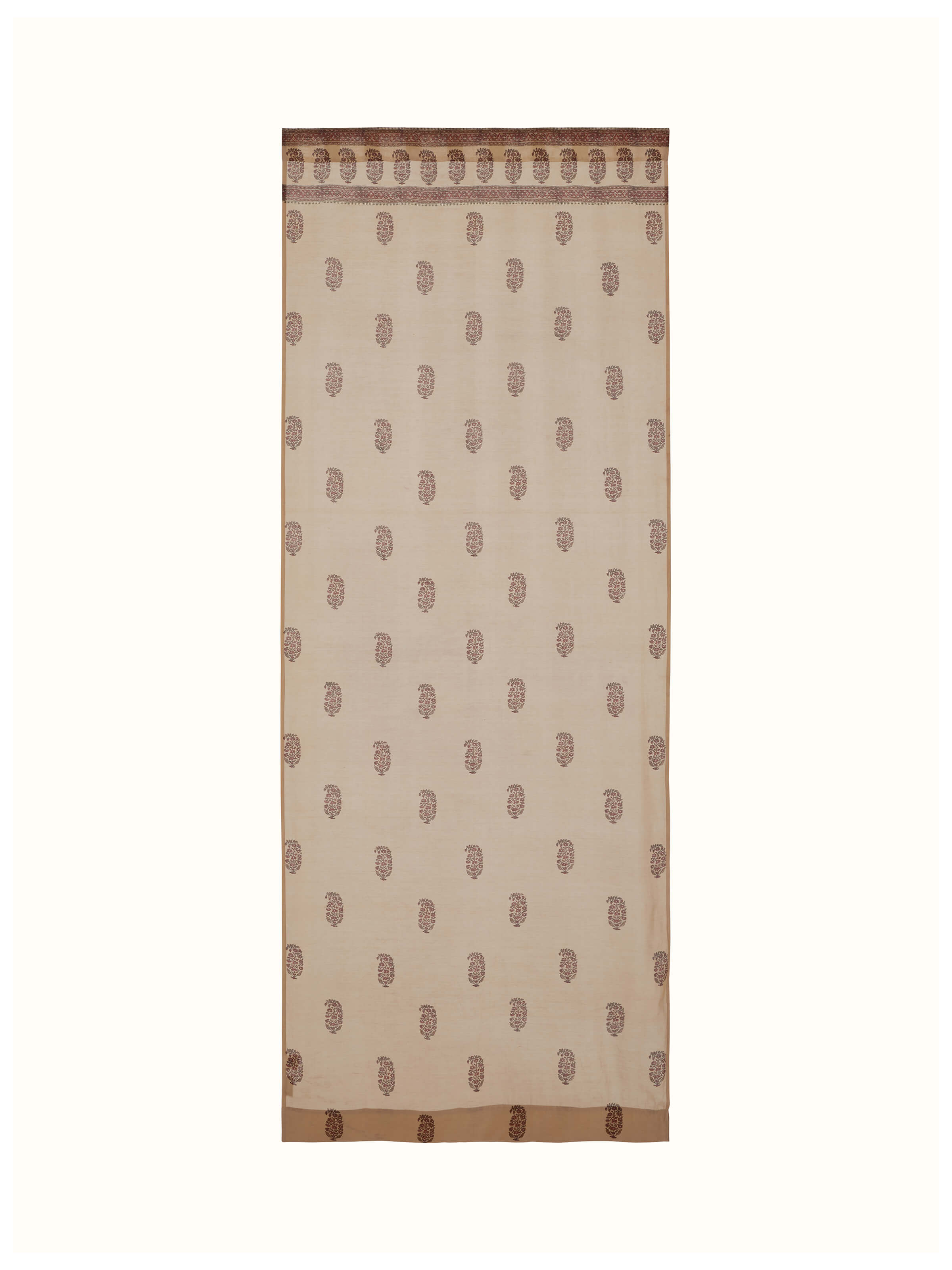 Full view of Vasudha rust buta cotton silk Bagru hand block print sheer curtain displaying its intricate pattern