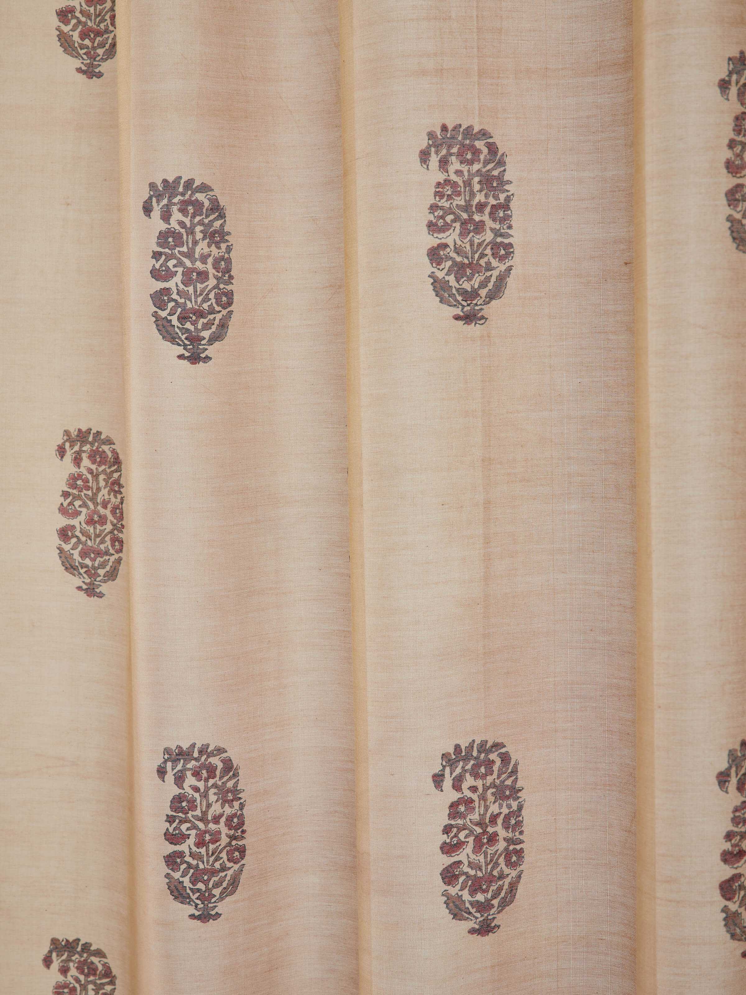 Overview of Vasudha rust buta cotton silk Bagru hand block print sheer curtain emphasizing its elegant drape