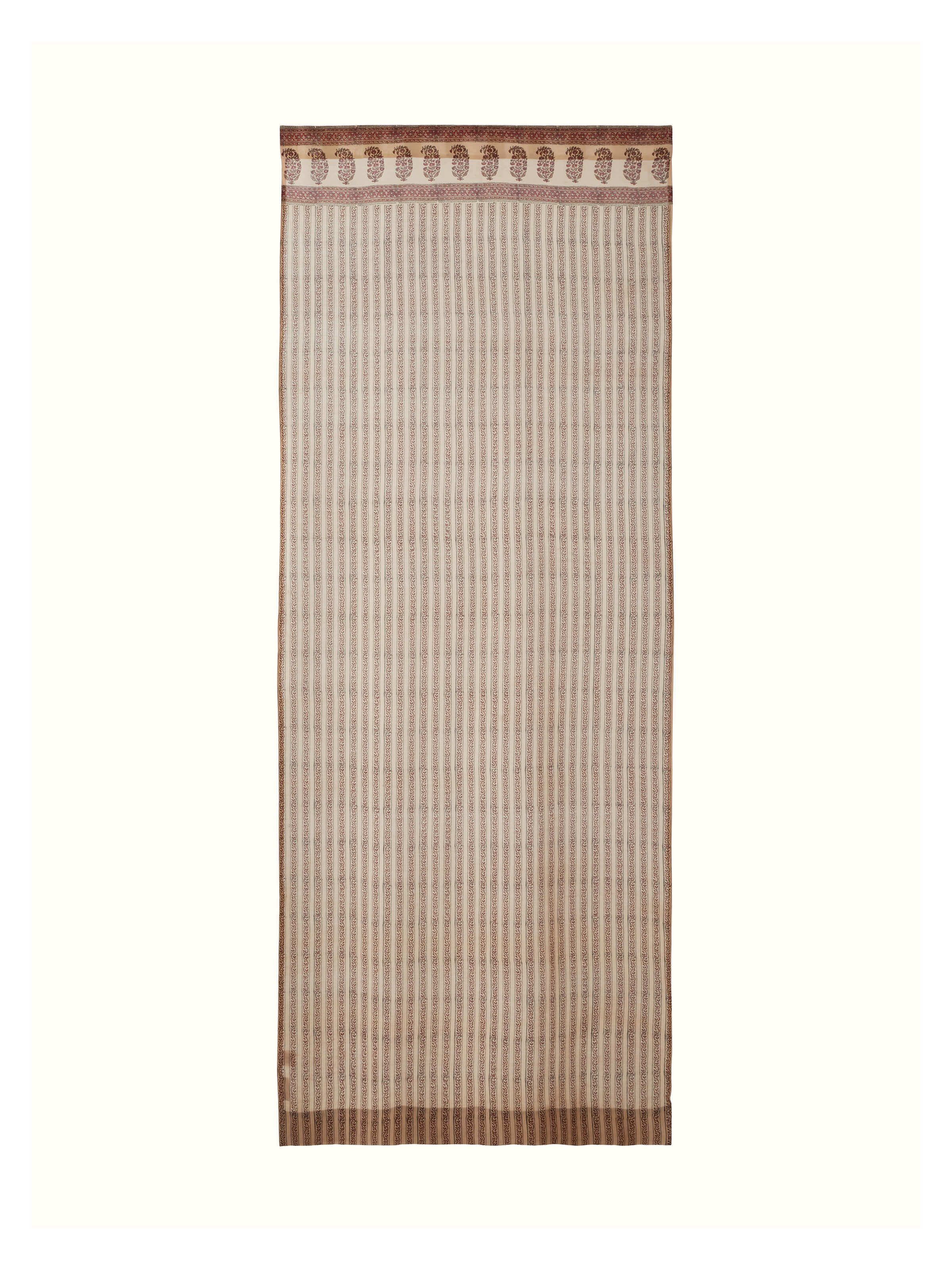 Full view of Vasudha Rust Floral Stripe Silk Cotton Bagru Hand Block Print Sheer Curtain showcasing the floral and stripe patterns.