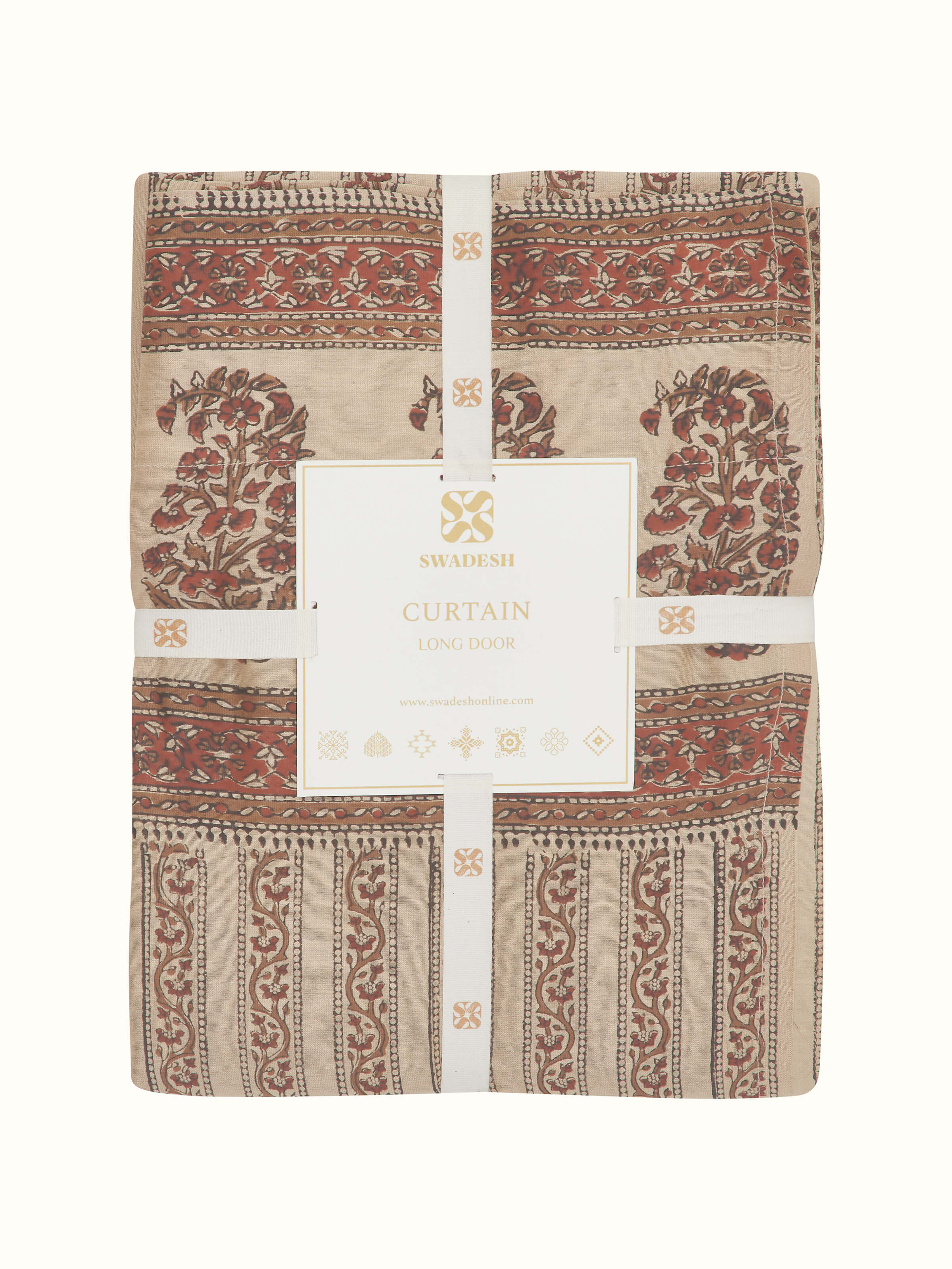 Close-up of Vasudha Rust Floral Stripe Silk Cotton Bagru Hand Block Print Sheer Curtain focusing on the detailed floral and stripe block print.