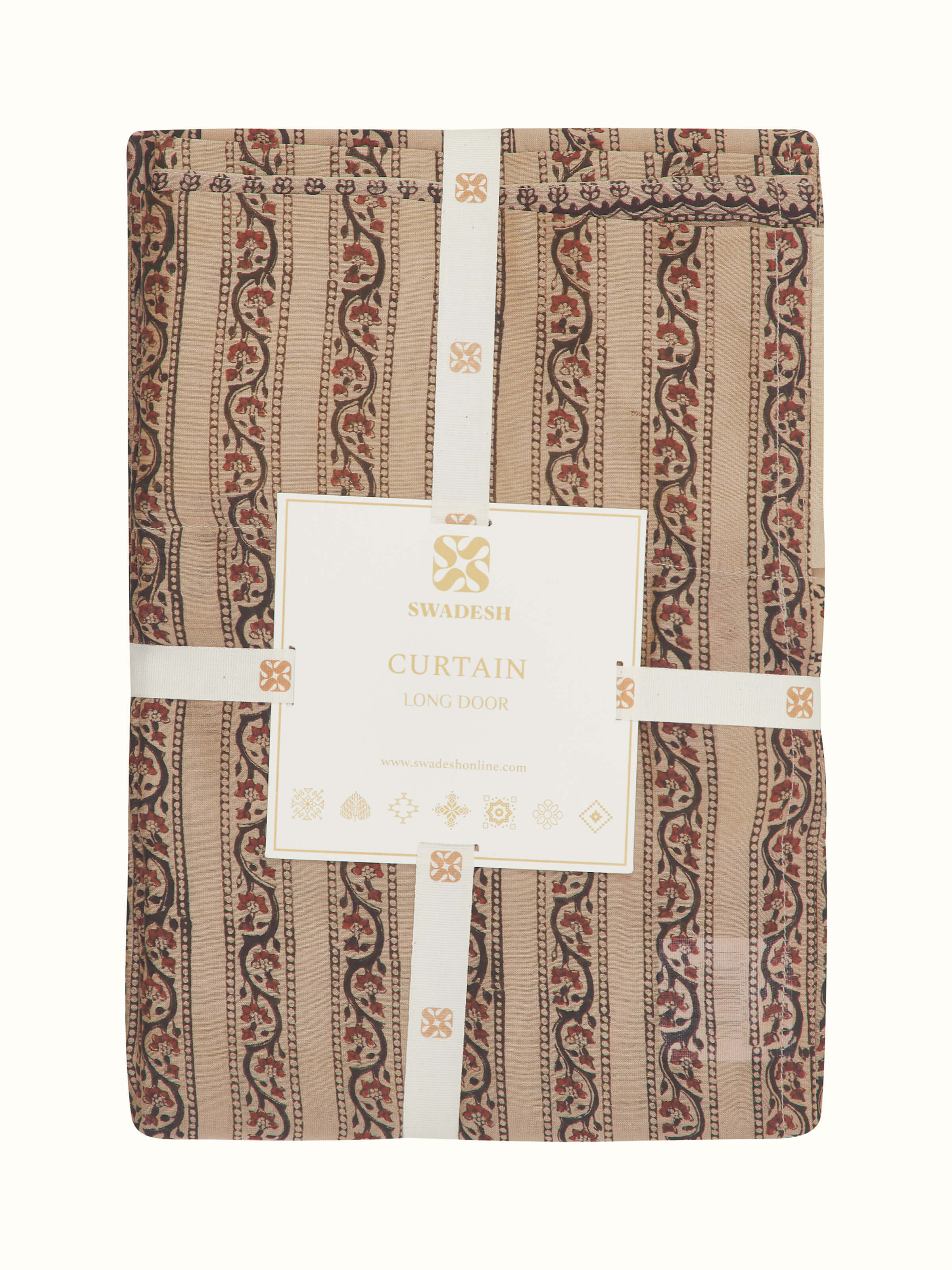 Close-up of Vasudha rust stripe buta silk cotton Bagru hand block print sheer curtain (9 ft), focusing on the silk cotton blend and hand block print details.