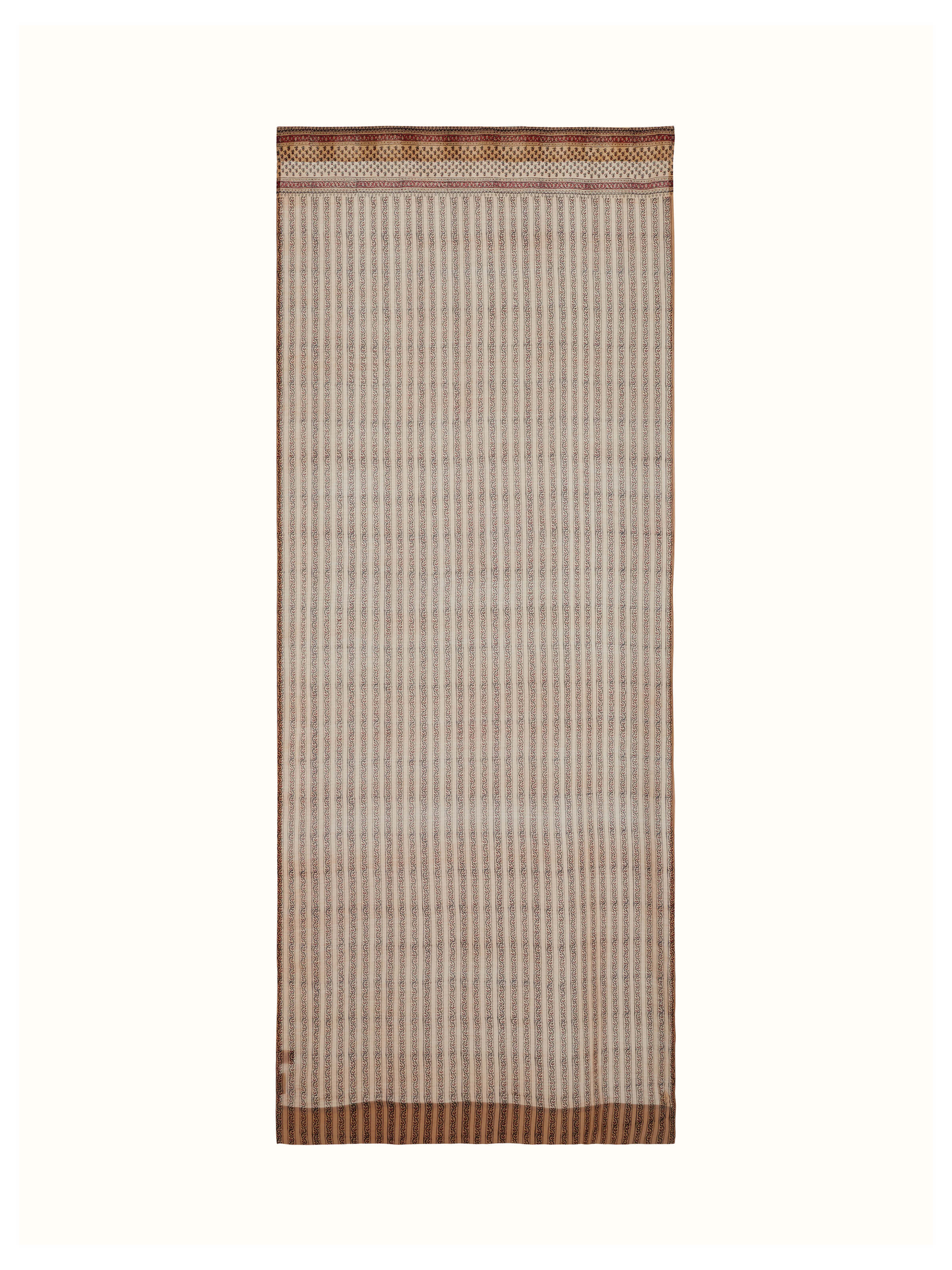 Full view of Vasudha Rust Stripe Cotton Silk Bagru Hand Block Print Sheer Curtain showcasing the stripe pattern and color.