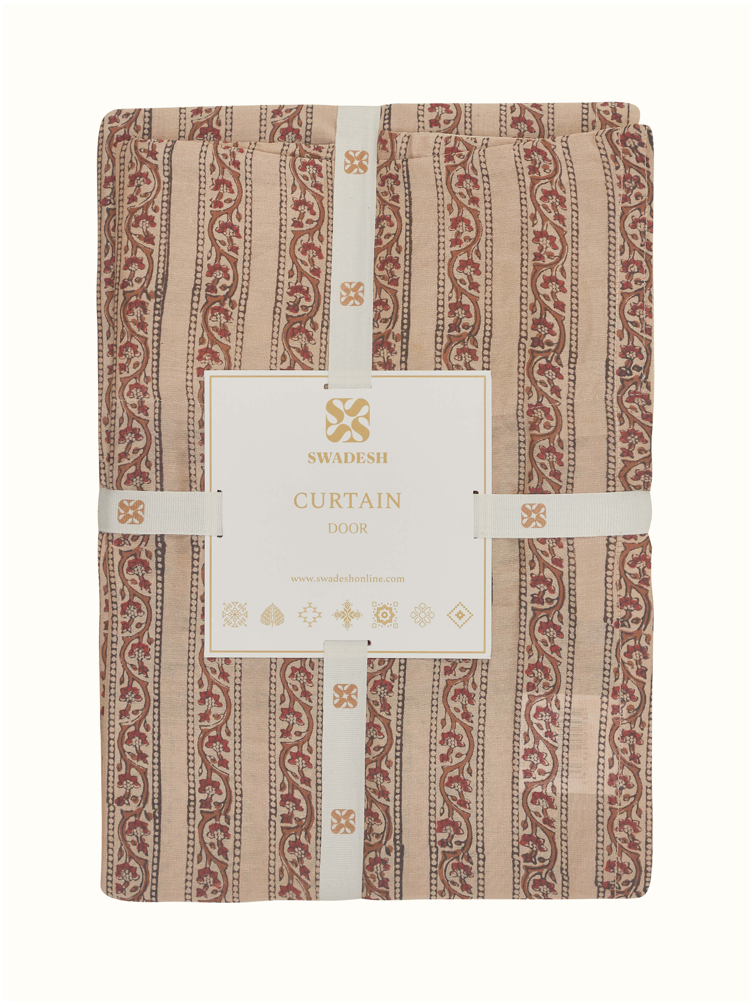 Close-up of Vasudha Rust Stripe Cotton Silk Bagru Hand Block Print Sheer Curtain focusing on the intricate hand block print design.