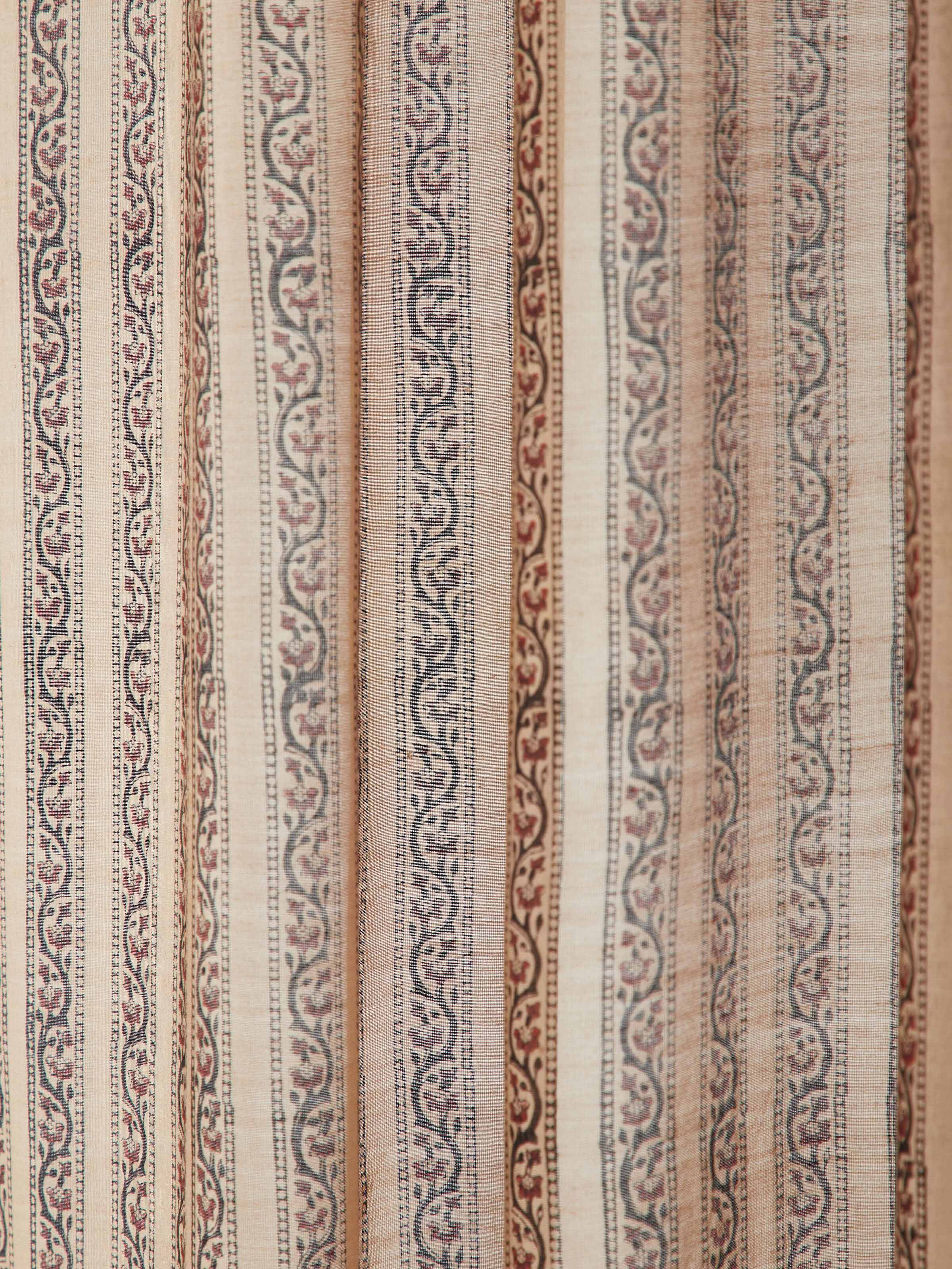Detailed shot of Vasudha Rust Stripe Cotton Silk Bagru Hand Block Print Sheer Curtain showing the fine details and fabric drape.